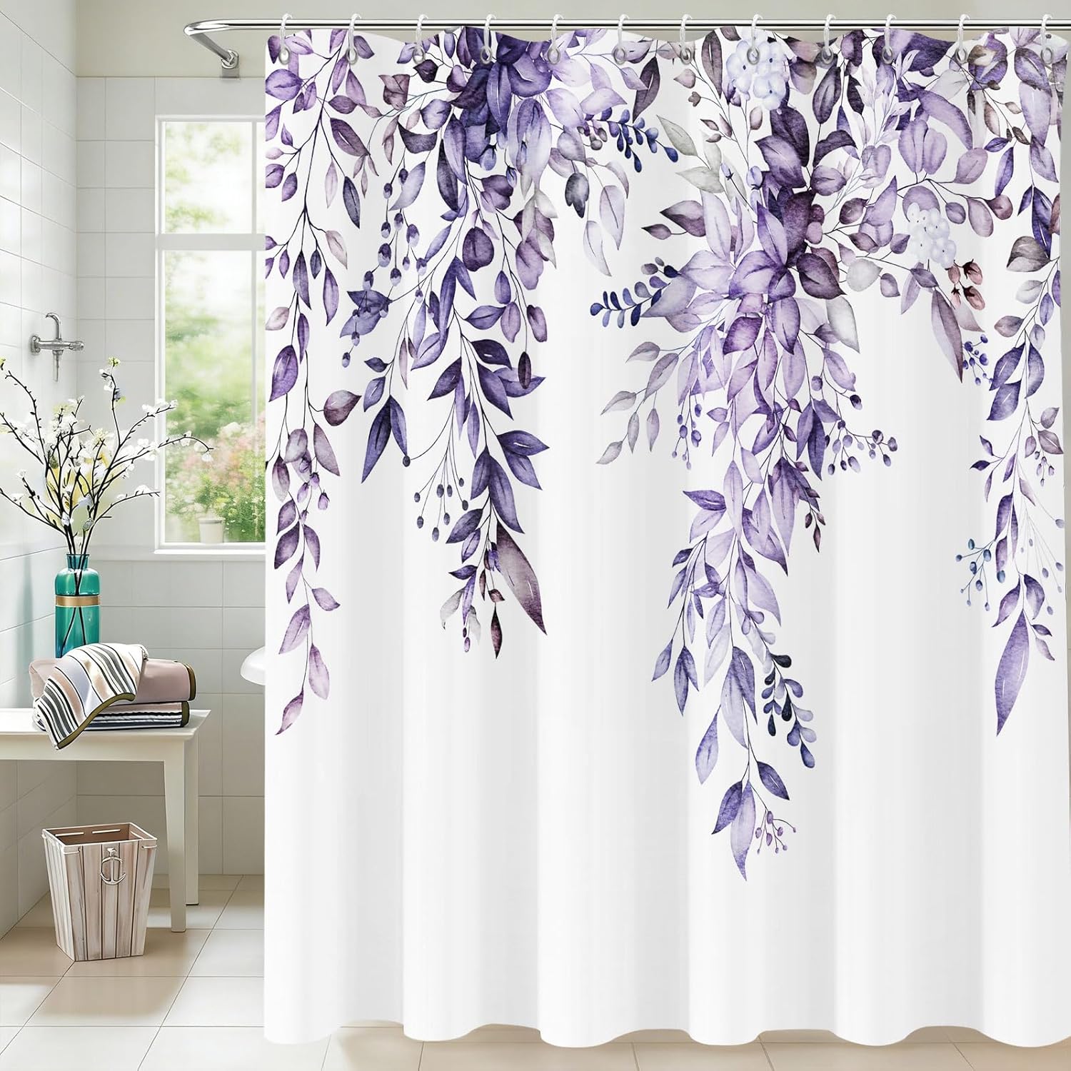 Long Shower Curtain Purple Eucalyptus Shower Curtains for Bathroom Watercolor Purple Leaves Plants Floral Bathroom Bathtub Curtains Aesthetic Violet Leaf Shower Curtain Sets 72x78 in with Hooks
