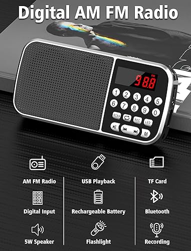 Miniatura 2 de Radio digital AM FM con Bluetooth 5.3, pequeña radio de transistor con la mejor recepción, batería recargable de 2000 mAh con altavoz de 5 W,