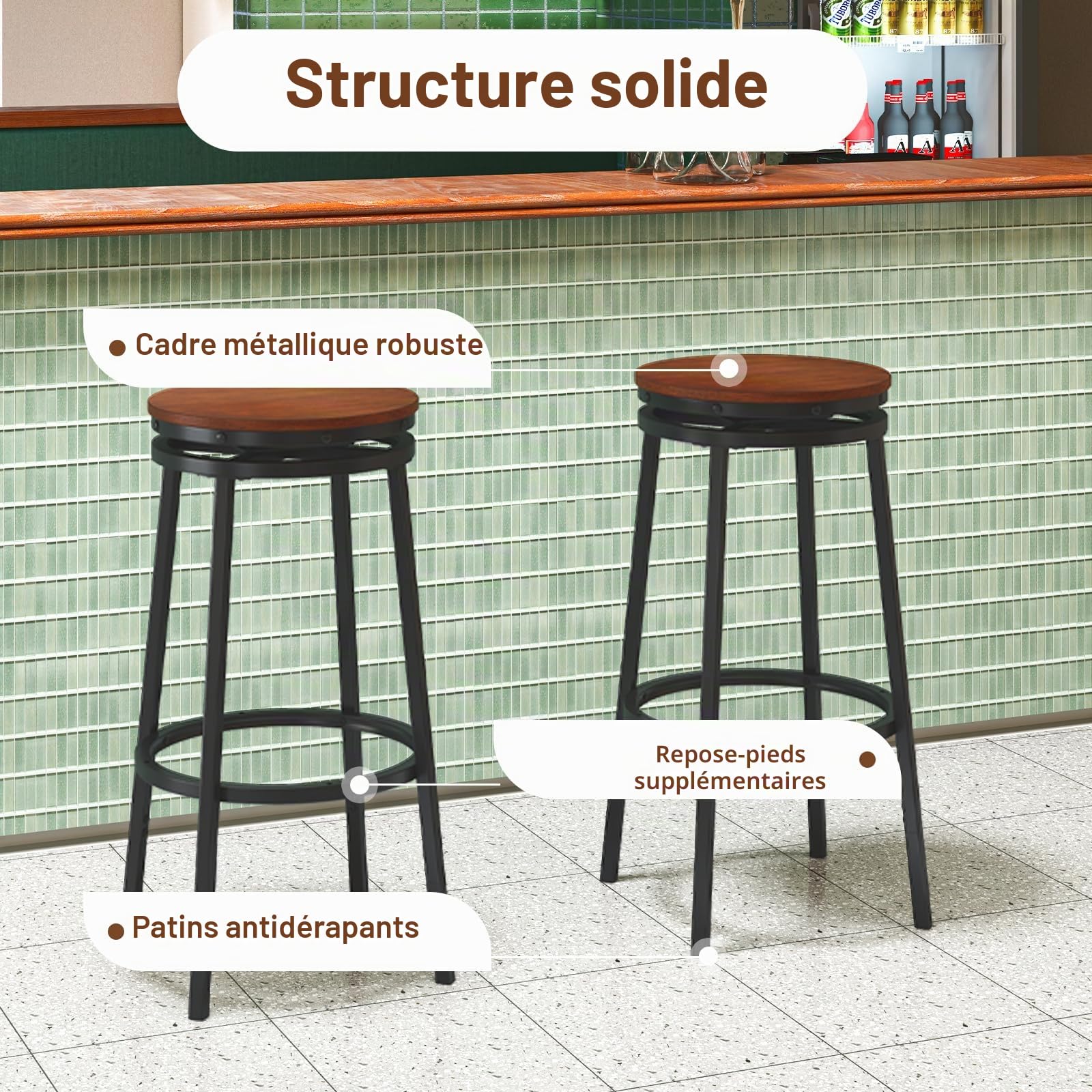 HOMASIS Tabourets de bar avec assise pivotante, lot de 2 tabourets haut avec repose-pieds et pieds antidérapants, style industriel, chaises de bar réglables en hauteur pour péninsule de cuisine,