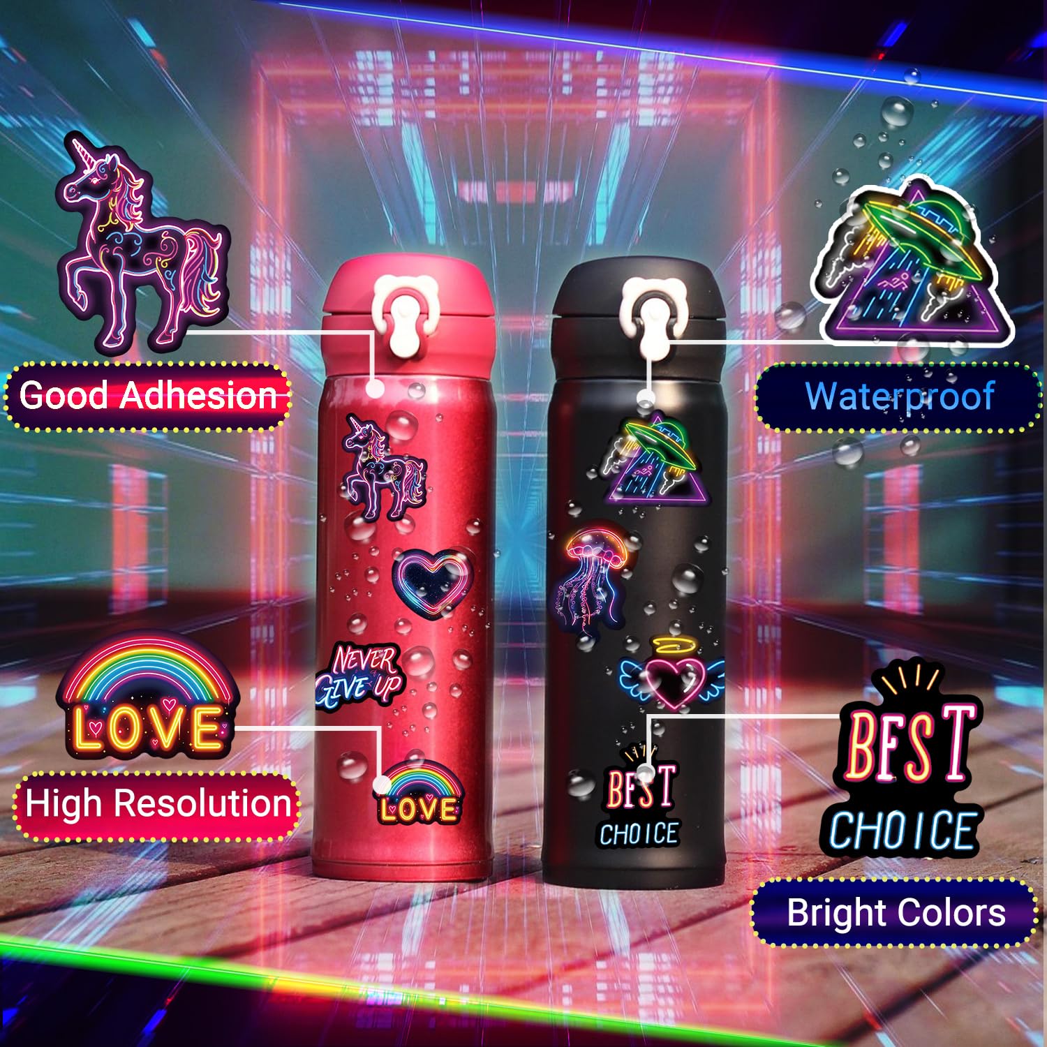 Adesivi 300 Pezzi Stickers Neon Cool, Stickers Vinile Impermeabili, Adesivi per Borraccia, Porta Pranzo, Skateboard, Journaling, Scrapbooking, Computer Portatile, Taccuino, Valigia, Notebook, ecc