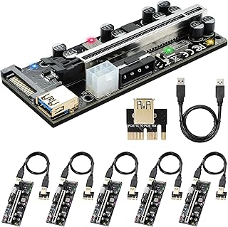 PCIE Riser PCI GPU Risers Card 1X to 16X, Powered Riser Adapter Card with10 Solid Capacitors for Bitcoin Litecoin Coin Mining with RGB Colorful LED Light +60cm USB3.0 Extension Cable(VER009s -6 Pack)