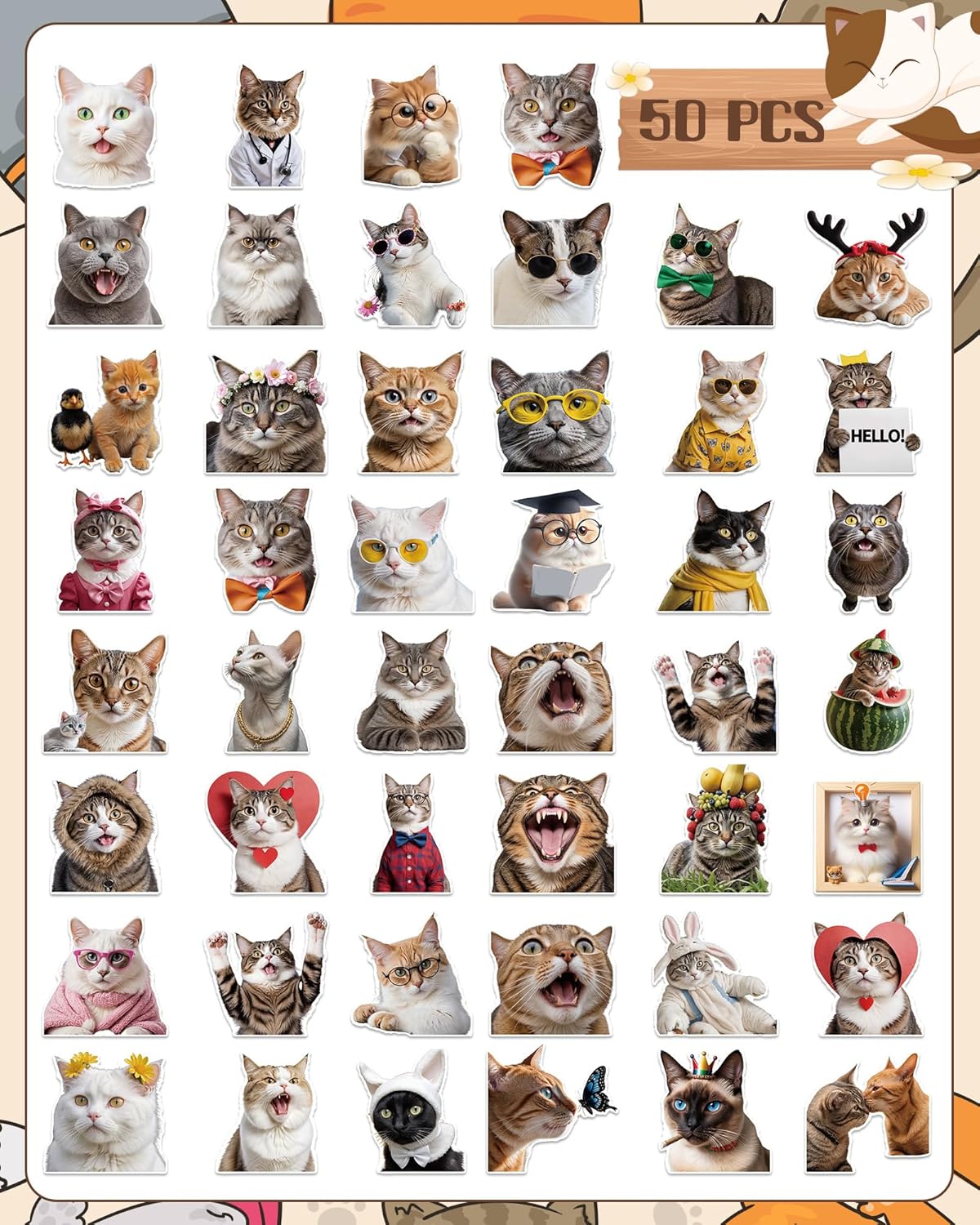 100Pcs Funny Cat Stickers in Bulk Stickers Cat Water Bottle Sticker Cute Kawaii Waterproof Sticker for Laptop Scrapbooking Cats Party Favor