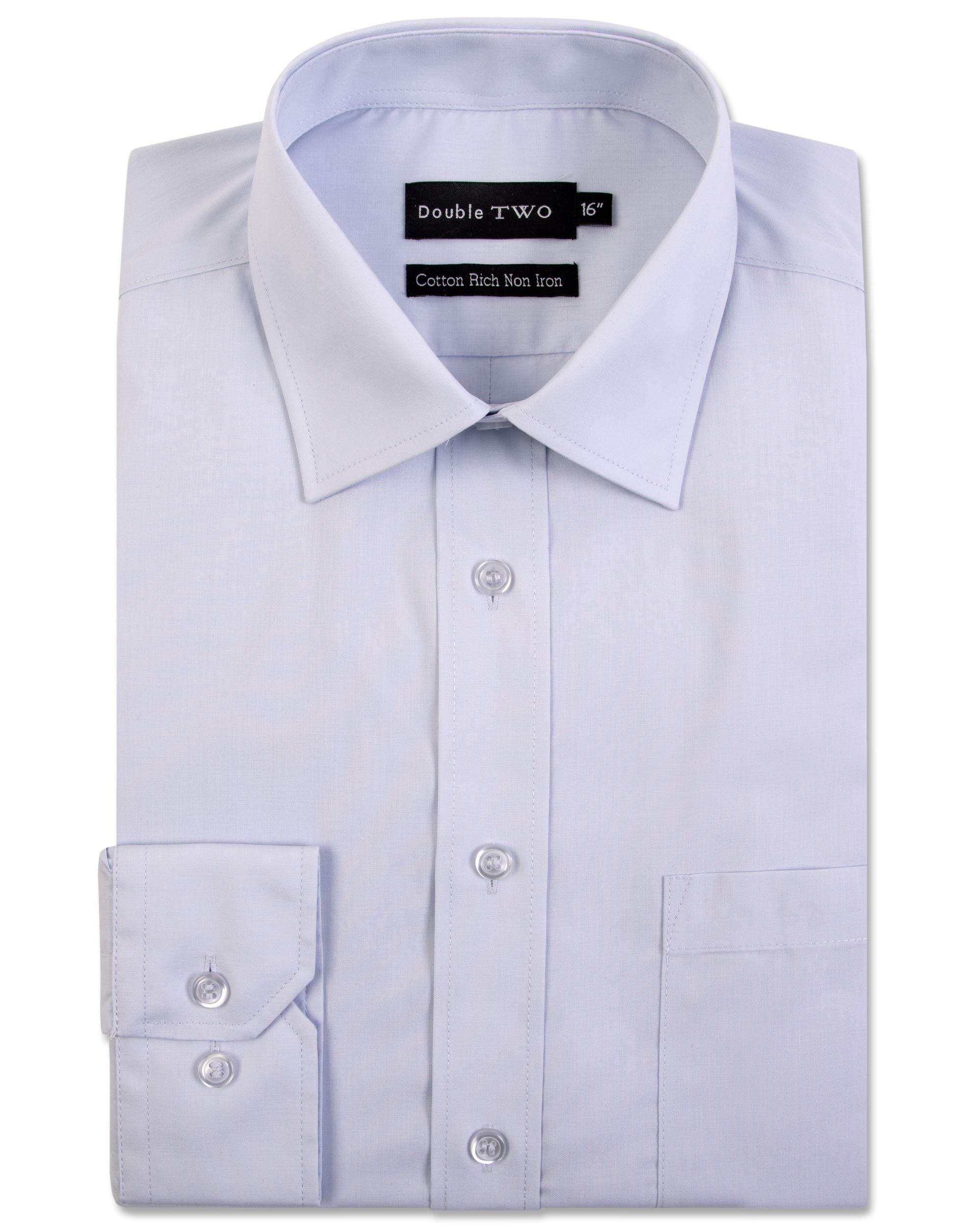 Double TWO Men's Long Sleeve Plain Formal Shirt Non Iron Classic Fit Business Dress Shirt - Ice Grey, 17in Collar
