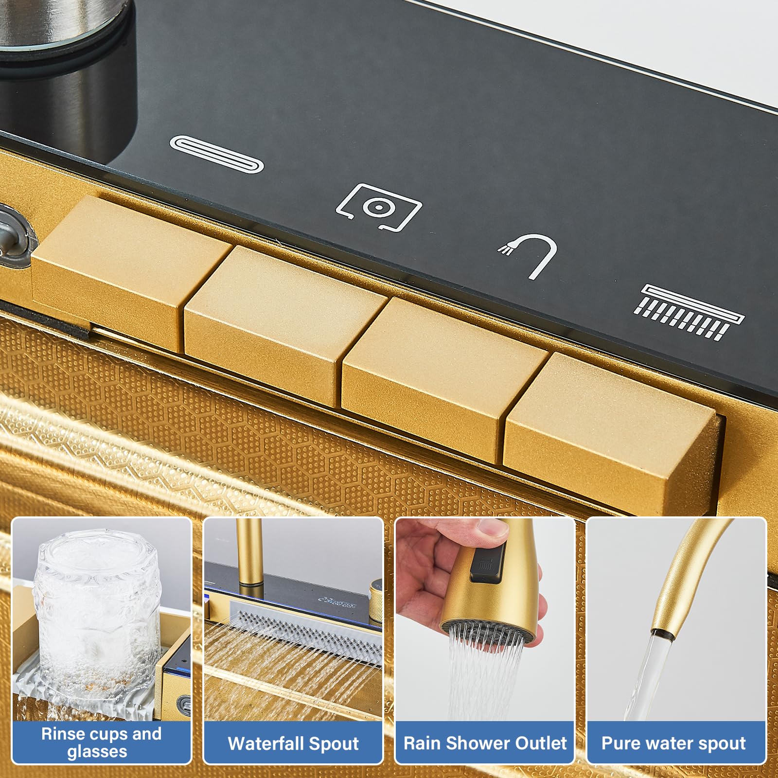 Fregadero de Cocina Multifuncional de Oro Cepillado con Grifo Extraible y Accesorios, Fregadero de Cocina de Acero Inoxidable con Pantalla Digital (75 cm X 45 cm)