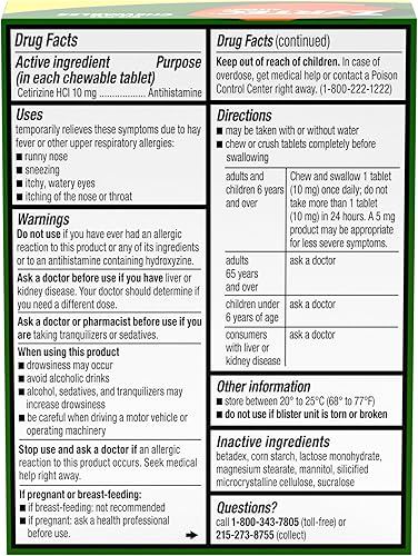 Miniatura 9 de Zyrtec Tabletas masticables para aliviar la alergia las 24 horas, 10 mg de clorhidrato de cetirizina, antihistamínico, sin colorantes, para la