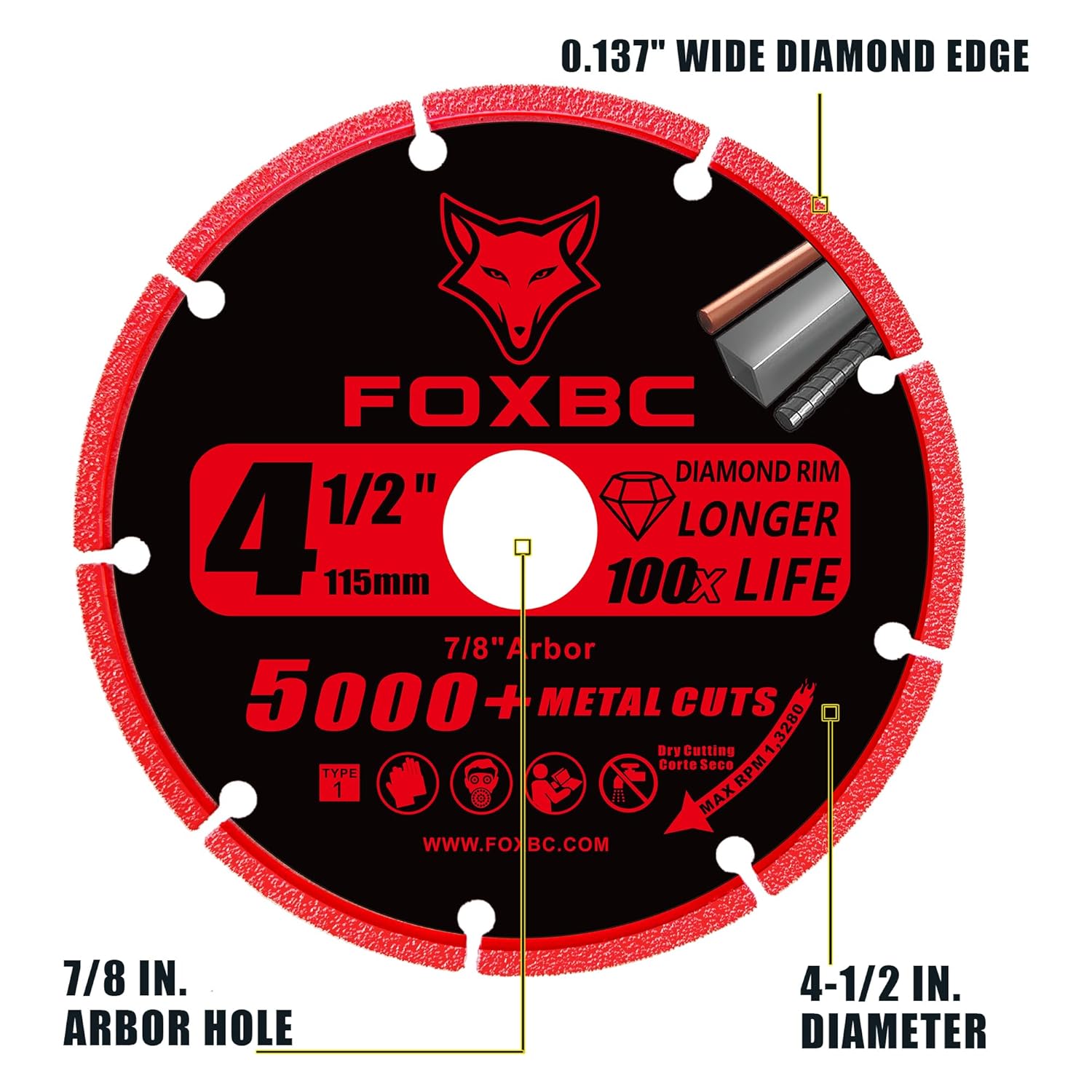 FOXBC 4-1/2 Inch Diamond Cutting Wheel Metal Cut Off for Angle Grinder, 5000+ Cuts on Rebar, Stainless Steel, Angle Iron, 7/8" Arbor - 3 Pack - Image 2