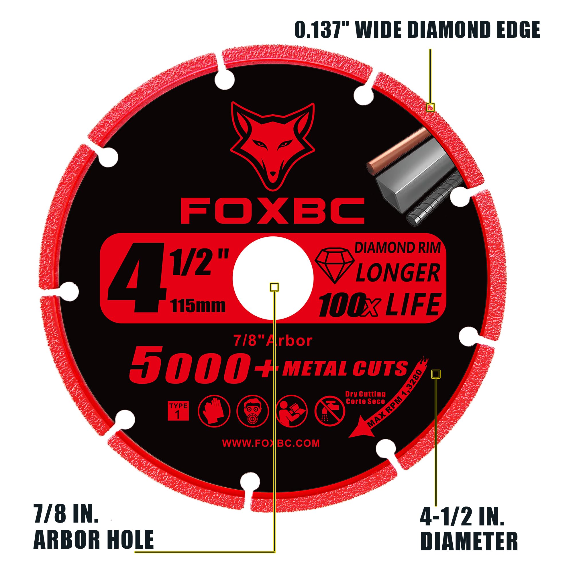 FOXBC Rueda de corte de diamante de 4 1/2 pulgadas para amoladora angular, más de 5000 cortes en barra de refuerzo, acero inoxidable, hierro angular, eje de 7/8 pulgadas