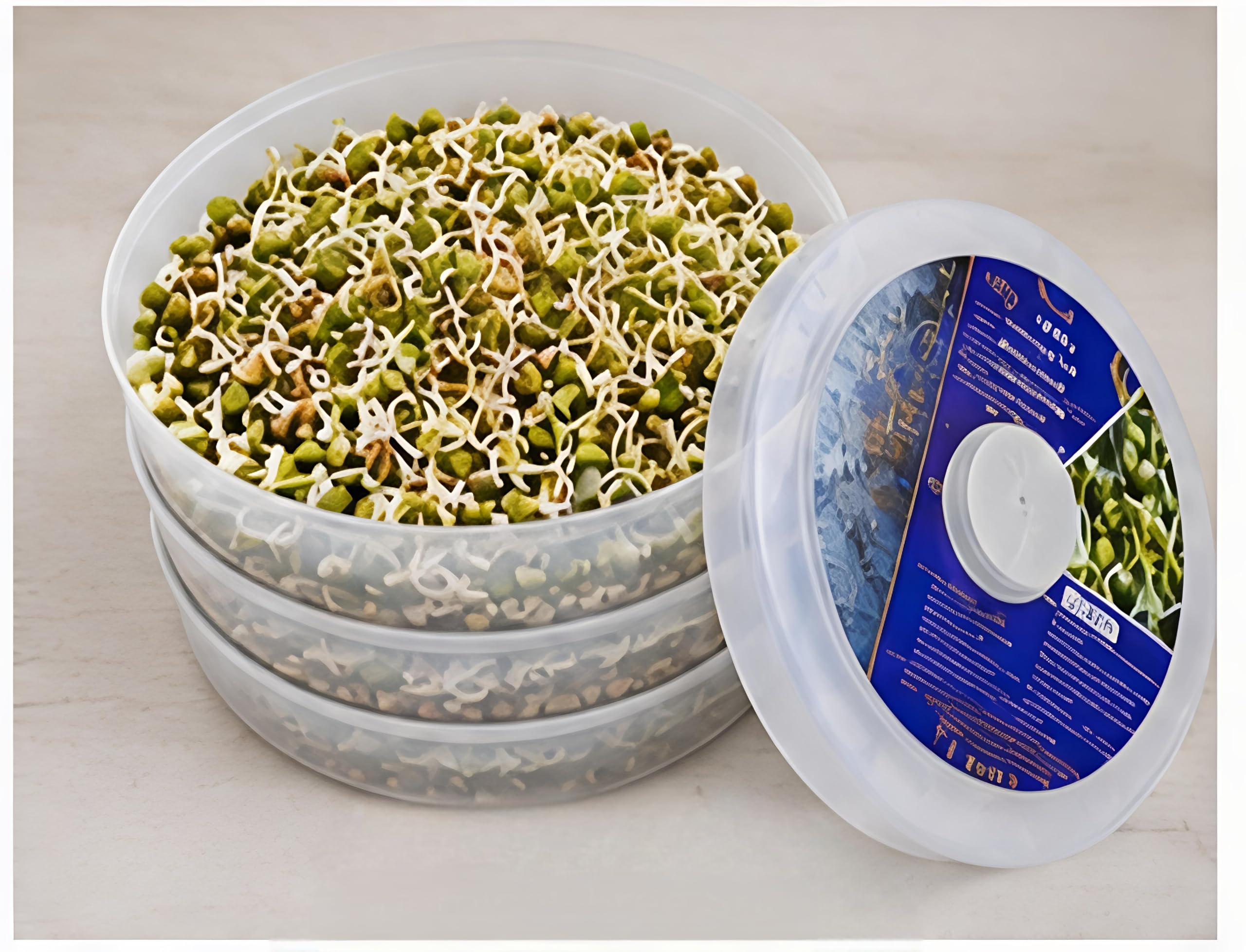 3 Layer Sprout Maker BPA-Free Food-Grade Plastic Stackable Trays | Transparent Lid, Spoon Included, Rust-Resistant, Lotus-Petal Design, Compact & Space-Saving-image-1