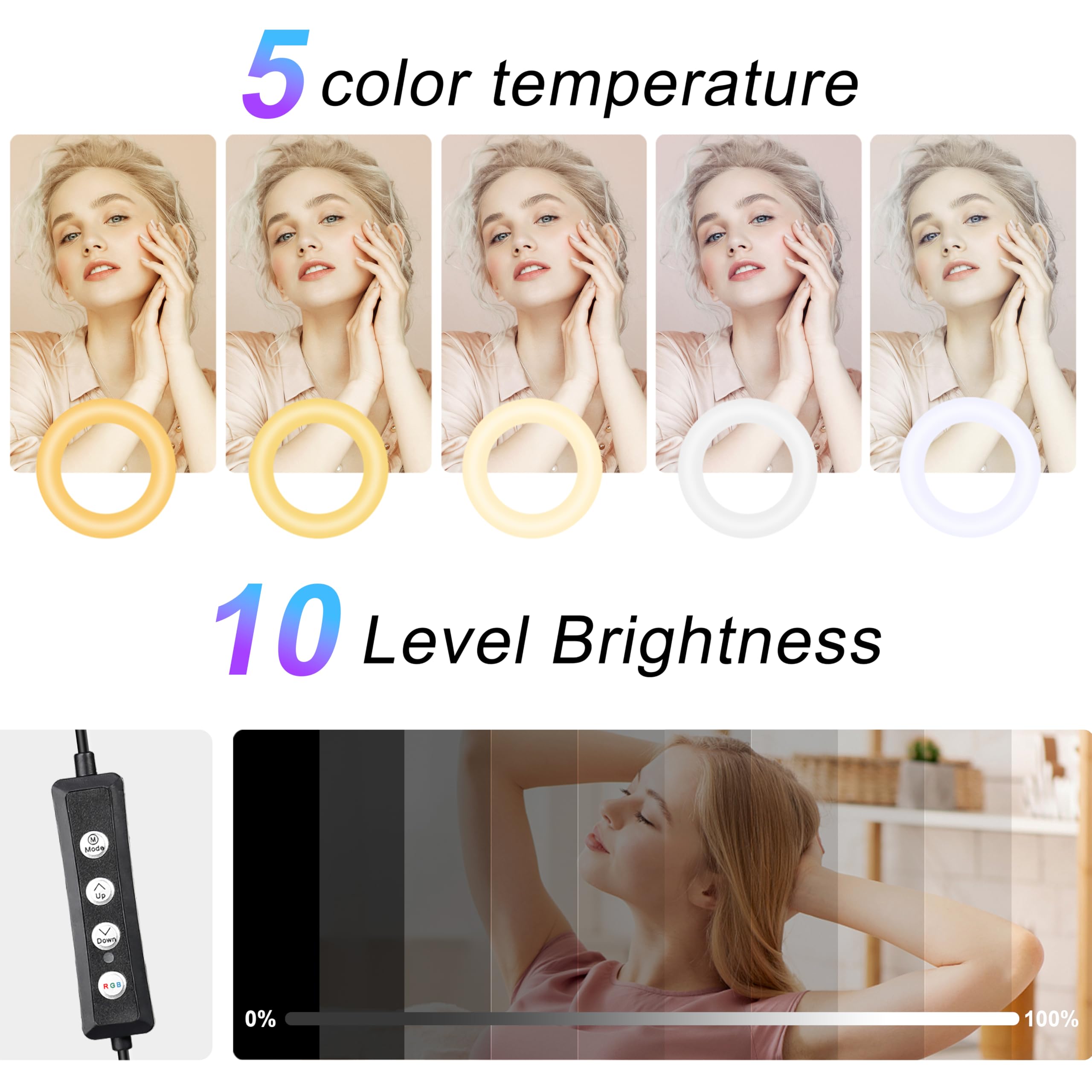 UEGOGO Luce ad anello da 25,4 cm con treppiede da 182 cm e supporto per telefono, 38 modalità di colore, dimmerabile, luce ad anello a LED per live streaming, YouTube, trucco, TikTok