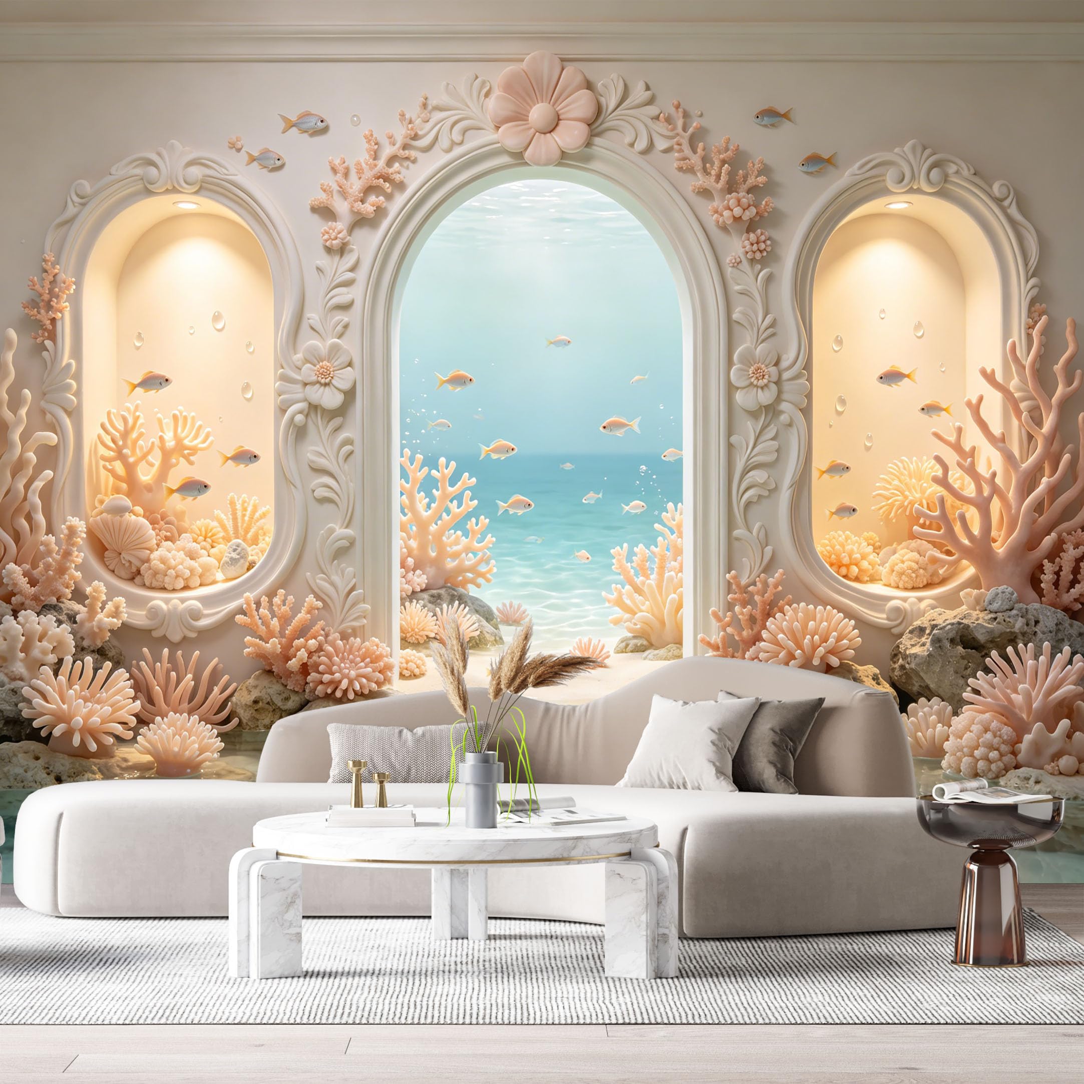 Custom Size Wall Murals Ocean Marine Coastal Dreamlike Coral Reef Underwater 3D Trompe L'Oeil SelfAdhesiveWall Fabric Removable Wallpaper Wall Decor for Living Room Bedroom Bathroom