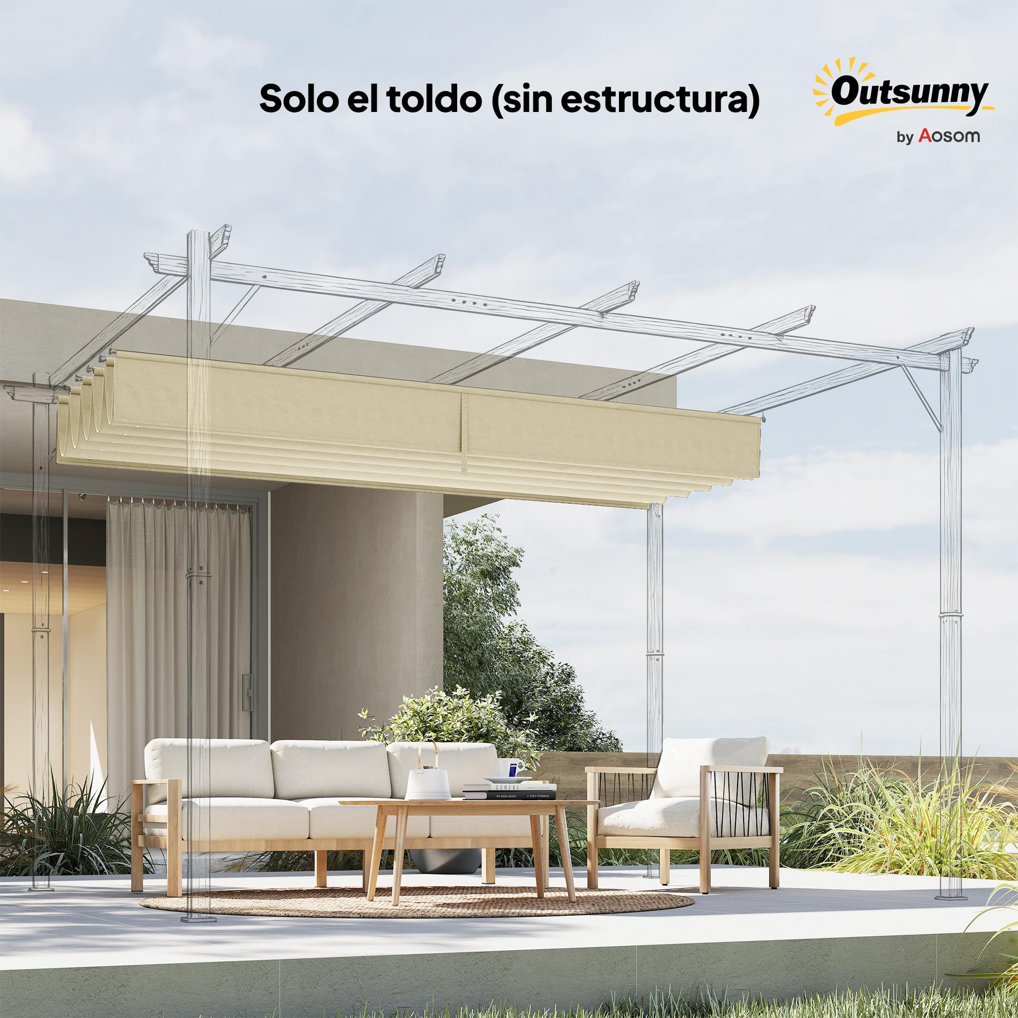 Outsunny Techo de Pérgola 3,5x2,6 m, Techo de Repuesto Retráctil para Marco de Pérgola de 4x3 m, UV30+, Toldo de Tela Solo para Cenador Jardín con 10 Orificios de Drenaje, Crema