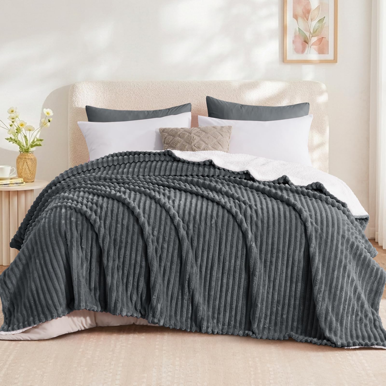 Aisbo Sherpa Fleece Throws for Sofas King Size - Bed Blanket,Dark Grey — image 1