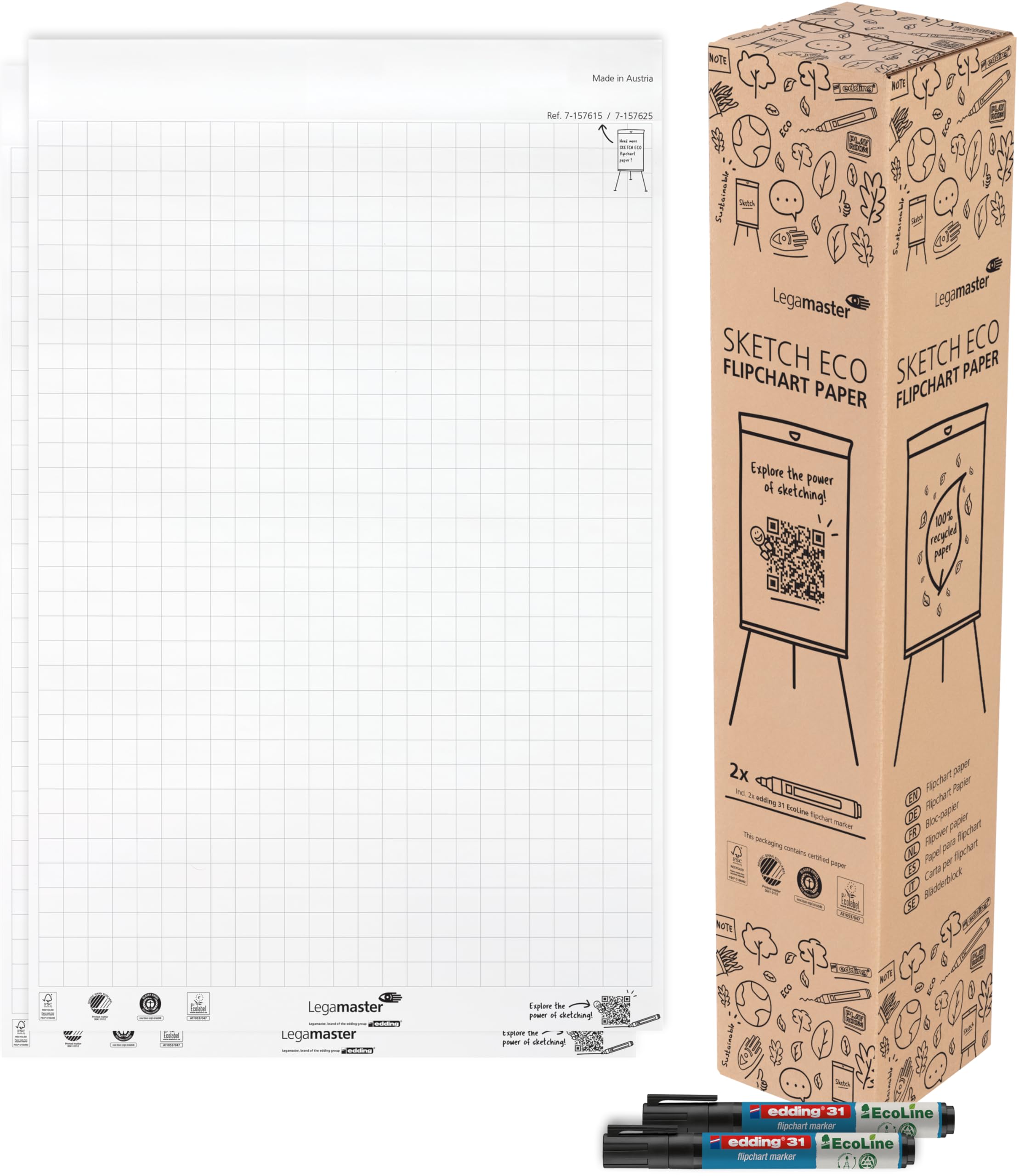 Legamaster SKETCH ECO flipchart blok papieru w kratkę, 2 x 50 arkuszy, w zestawie 2 markery Edding 31 EcoLine
