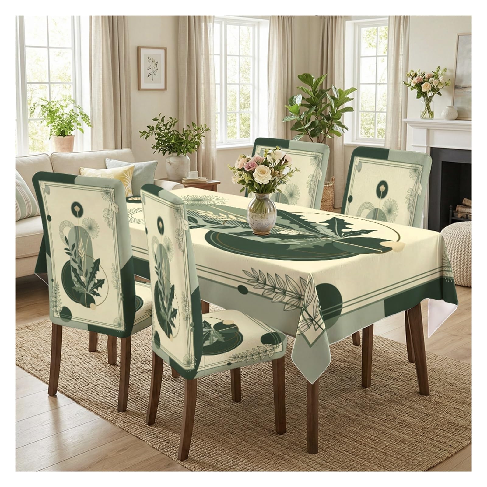 KXUAUV Stretch Dining Chair Slipcover & Tablecloth Set, Green Geometric Botanical Print, 5/7 Pack, Modern Minimalist Boho Home Decor Party Decor(5pcs Set: Tablecloth+Chair Covers)