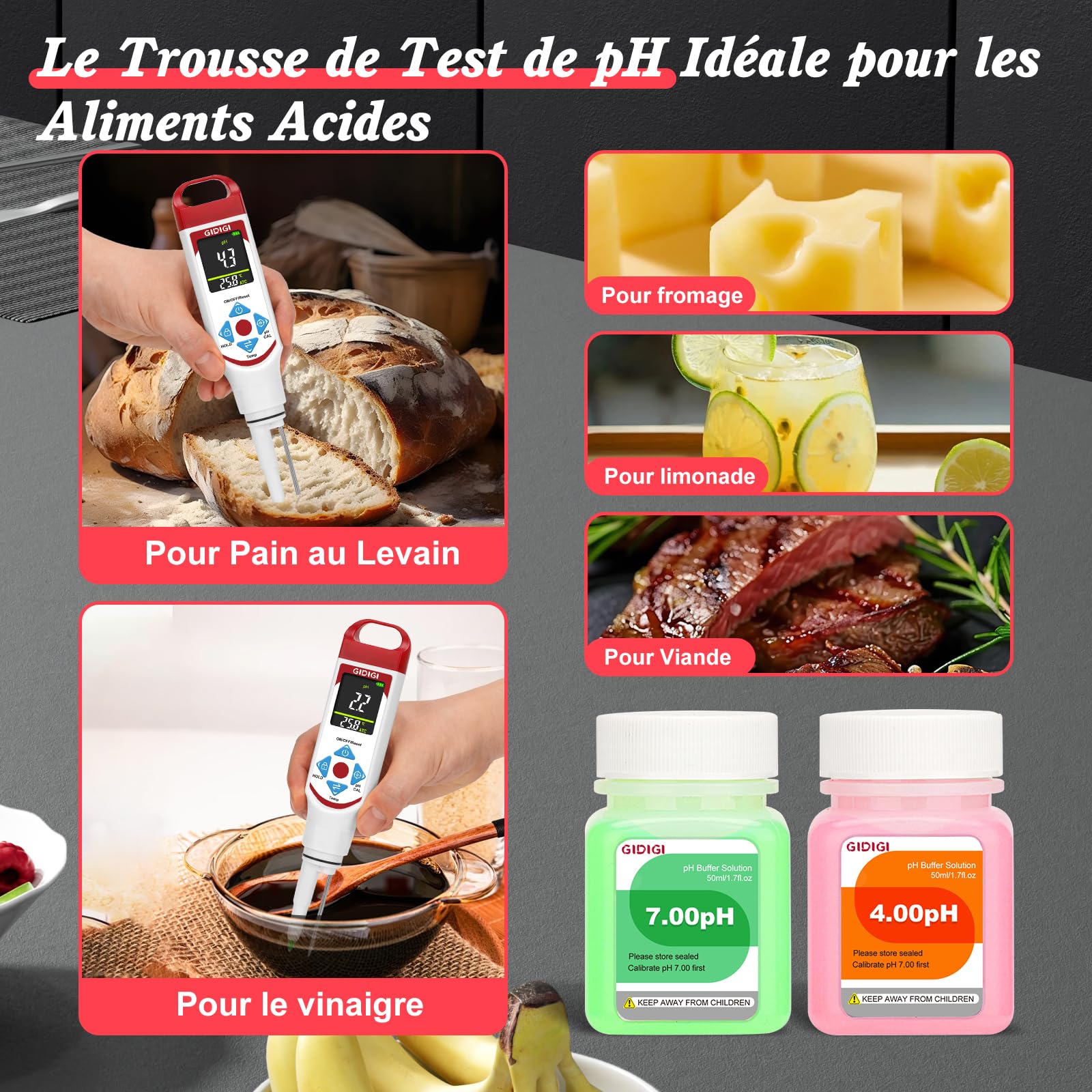 pH-mètre pour fermentation alimentaire, testeur de pH à sonde avec écran couleur (avec compensation automatique de température) pour cosmétiques, levain, viande, fromage, conserves, légumes marinés