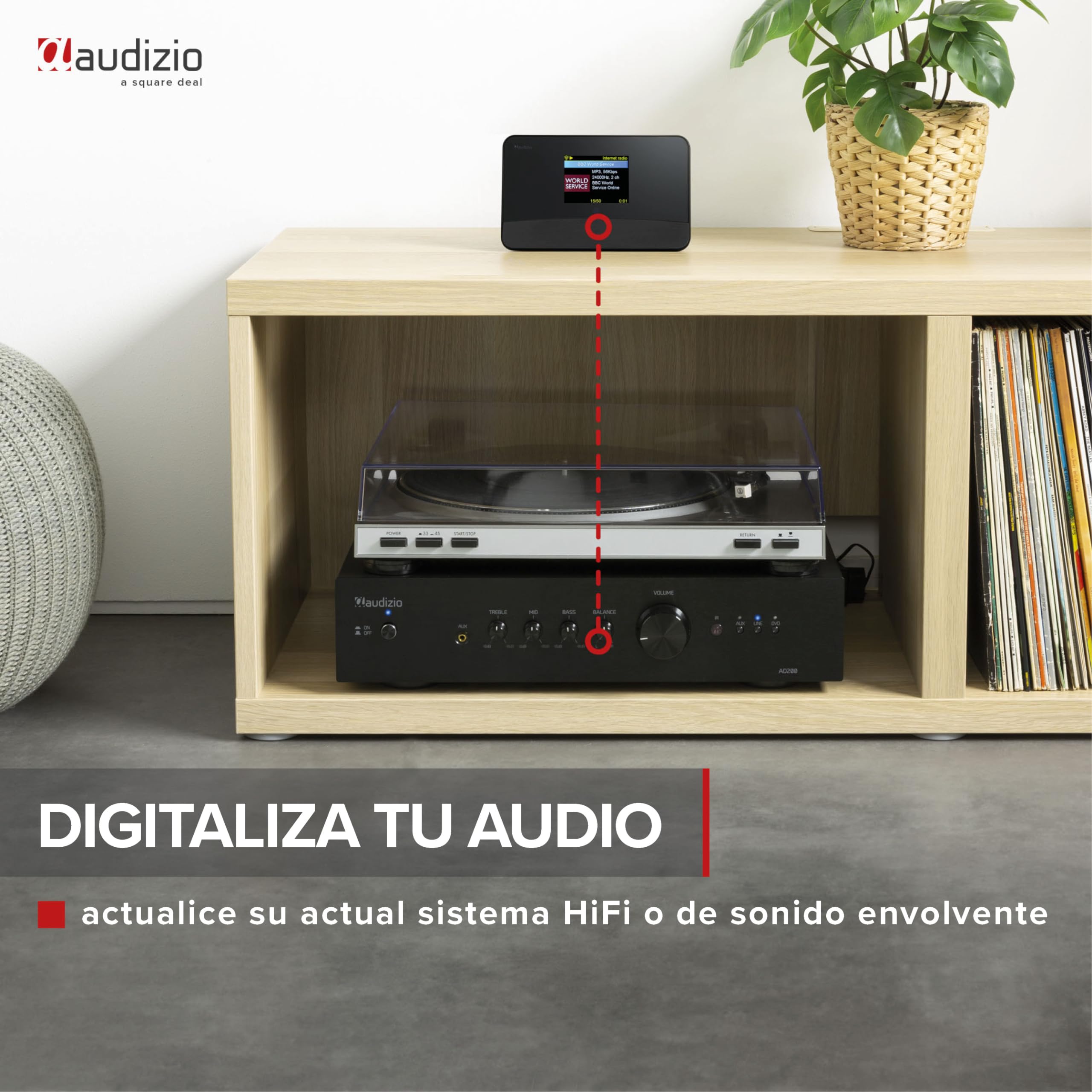 Audizio Livorno Adaptador de Radio por Internet con WiFi, extensión de Radio Dab+, Bluetooth, Mando a Distancia, Pantalla de 2,8", función de Alarma, Salida Óptica, FM, AUX, integración Sistema HiFi