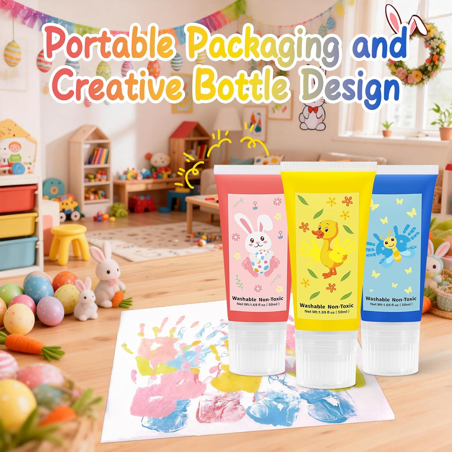 Easter Finger Paint for Toddlers with a Sponge Head, 3 Vibrant Colors (1.69fl oz) Washable Non Toxic Baby Safe Paint, Easter Colors Painting Set for Kids Ages 1-3, Safe Art Supplies Gift
