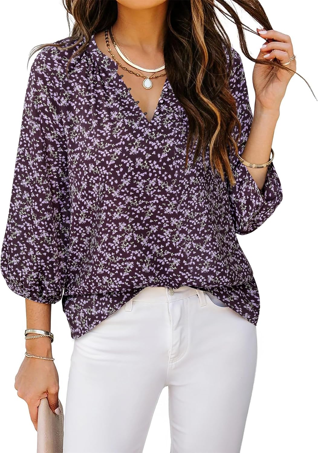 VALOLIA Women's 3/4 Sleeve Blouses Button Down Shirt Business V Neck Casual Clothing Blouses Dressy Casual Chiffon Tops - Image 2