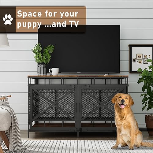 Miniatura 4 de Dog Crate Furniture, Wooden Dog Kennel Table, Heavy Duty Large Indoor Dog House with Three Doors, 43" Large Size (Retro Brown) Marrón