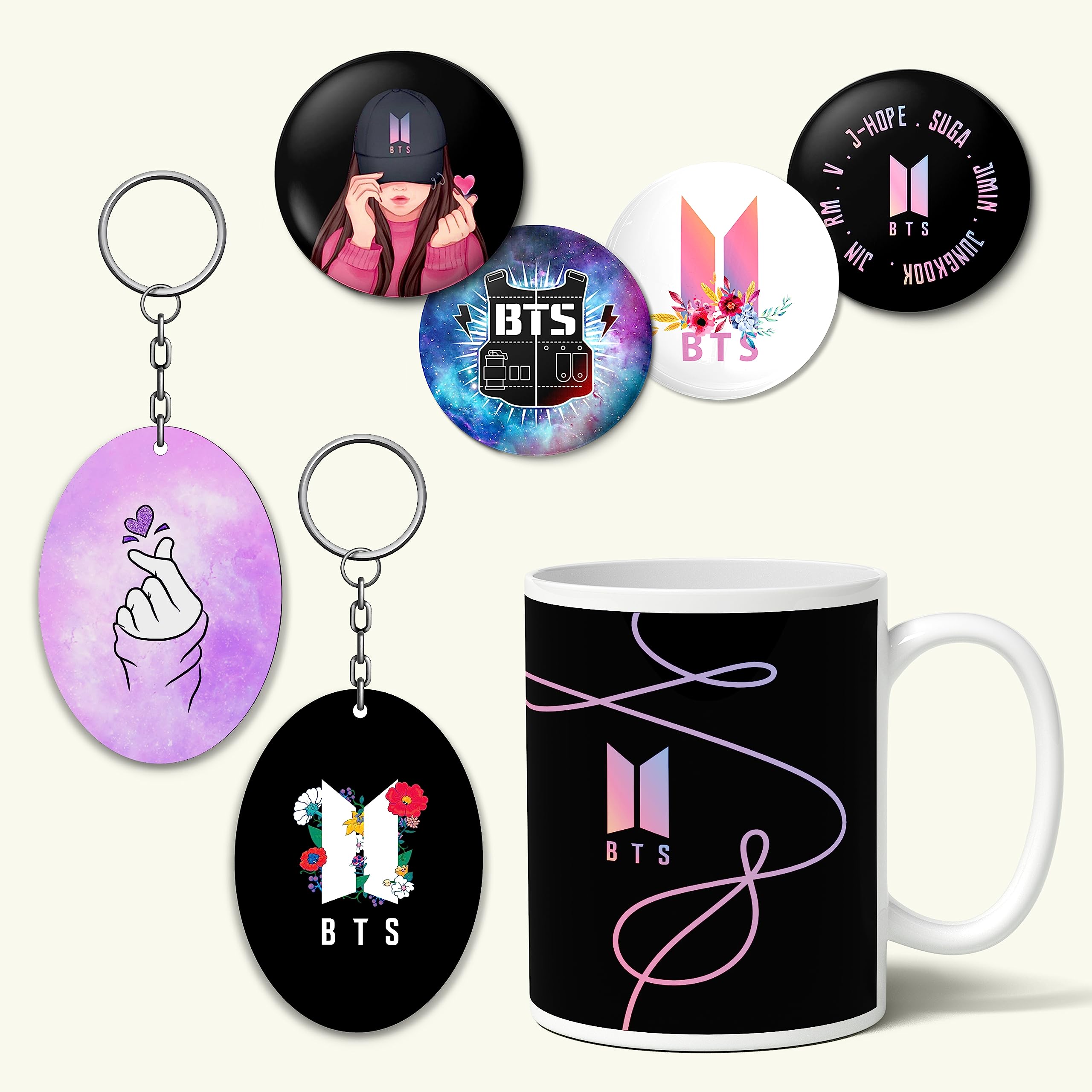 InkwareInkware BTS Combo Pack of Ceramic Mug (350 ml), 2 Keychains and 4 Badges Best Return Gifts for Kpop Army Fan for Girls, Boys, Kids, Nephew, Niece, Son, Daughter, Brother, Sister & Loving Ones