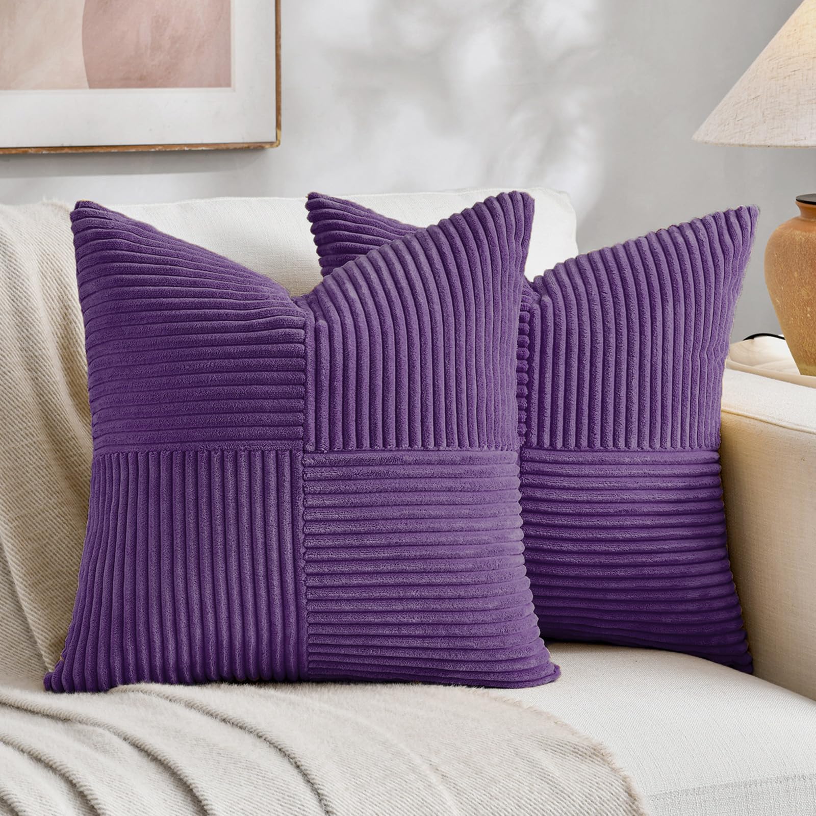 Fancy Homi 2 Packs Purple Decorative Throw Pillow Covers 20x20 Inch for Living Room Couch Bed, Farmhouse Boho Home Decor, Soft Corss Corduroy Patchwork Accent Square Cushion Case 50x50 cm — image 1