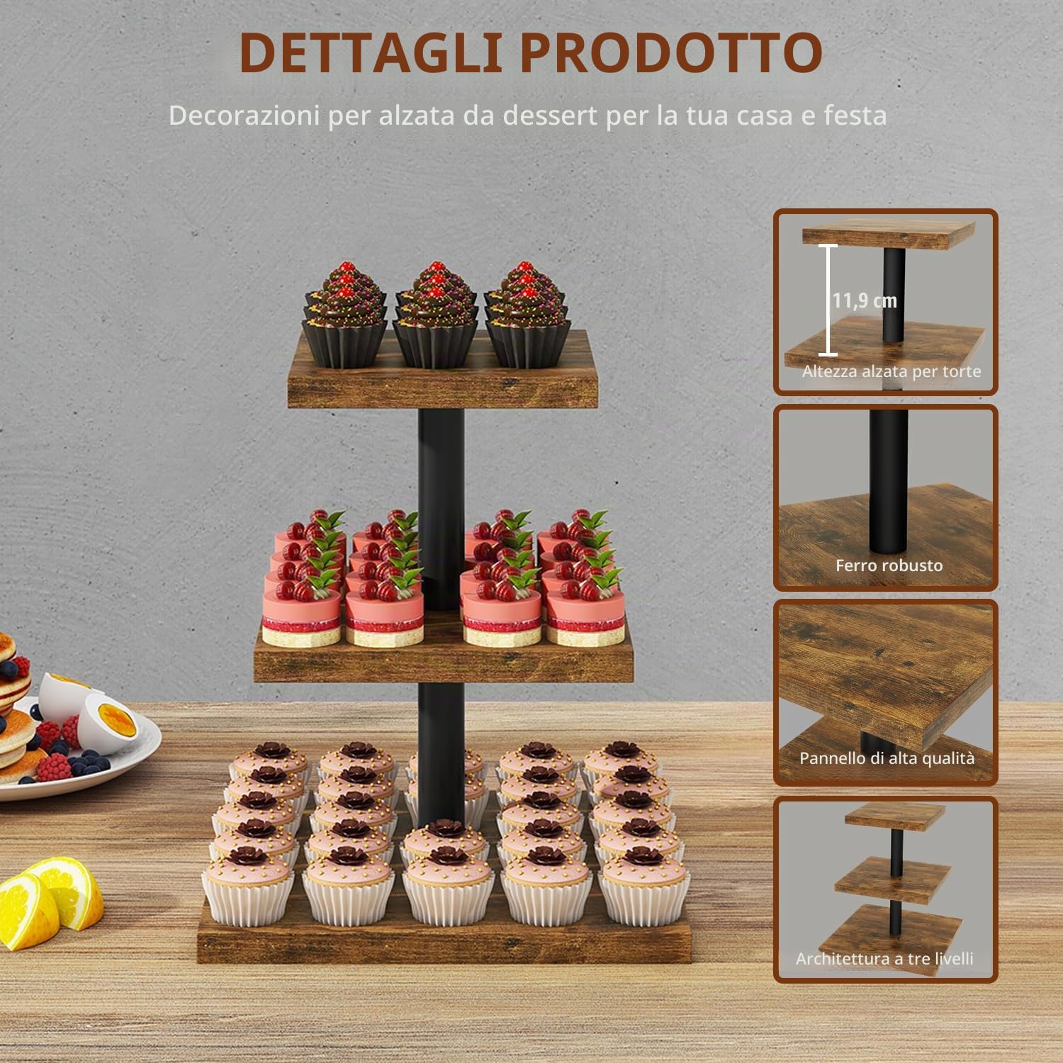 IBUYKE Supporto torre a 3 livelli per cupcake, espositore quadrato in legno resistente, per festeggiamenti marrone rustico TLJ014H