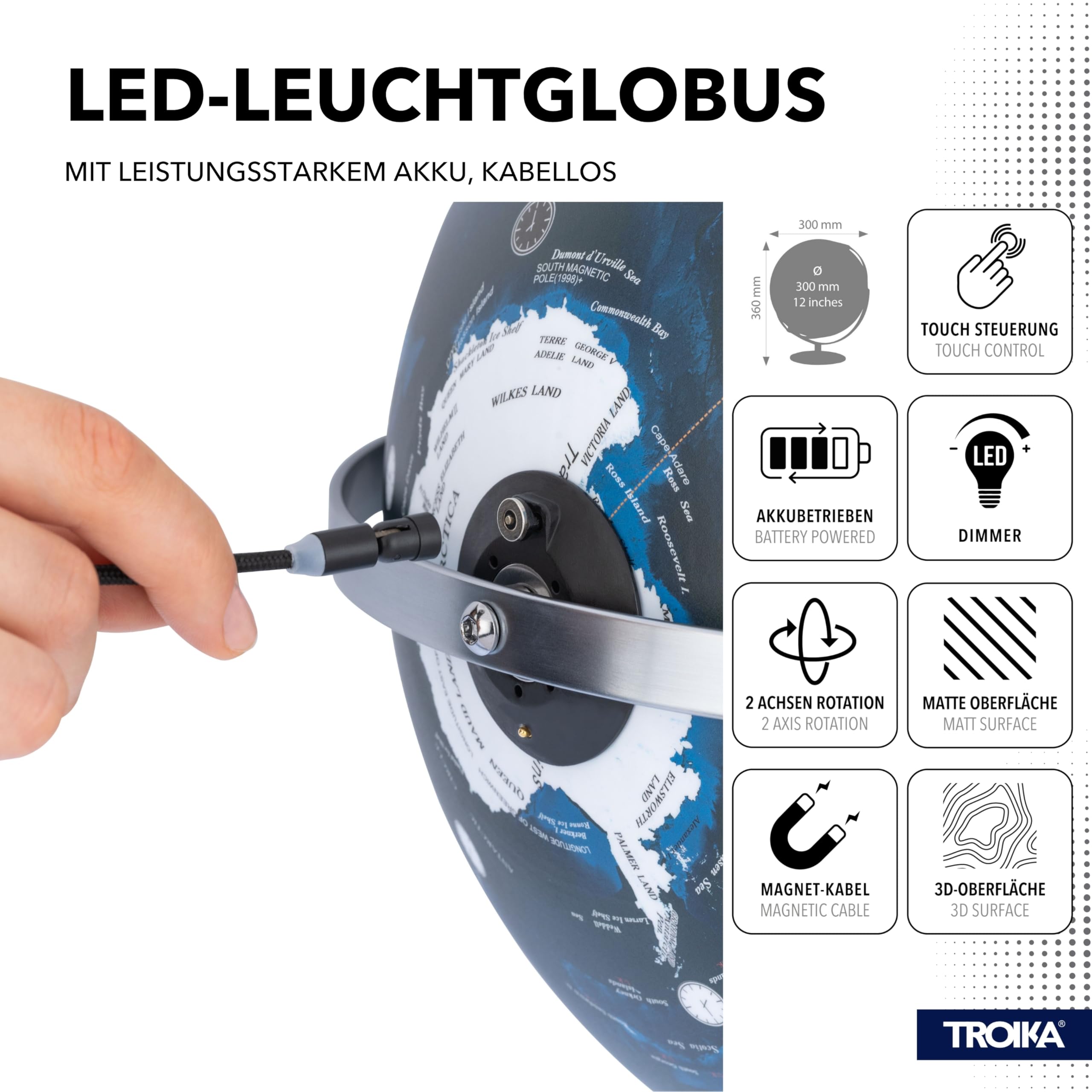 TROIKA Globo terráqueo iluminado con City Lights 30 cm JURI CITY LIGHT FLEX sobre base de metal cromado con dos ejes móviles y módulo de lámpara recargable Sompex de plástico y metal en azul, verde