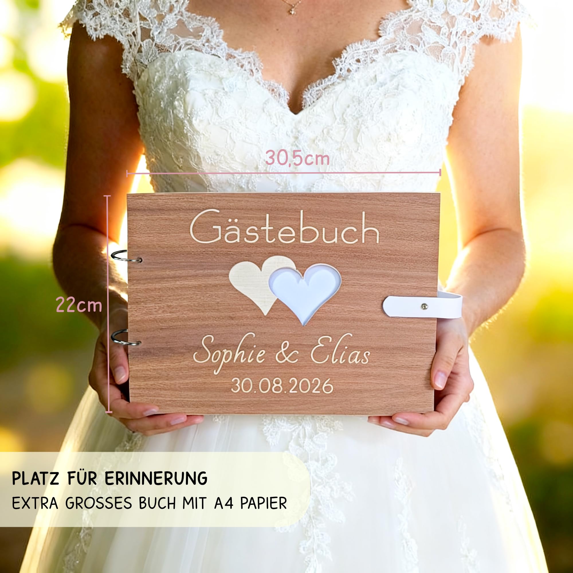 Großes Hochzeitsgästebuch aus Holz mit personalisierter Gravur & Lederverschluss – Edles DIN A4 Hochzeitsbuch mit 100 Seiten Blanko Papier – Personalisiertes Erinnerungsbuch für Fotos
