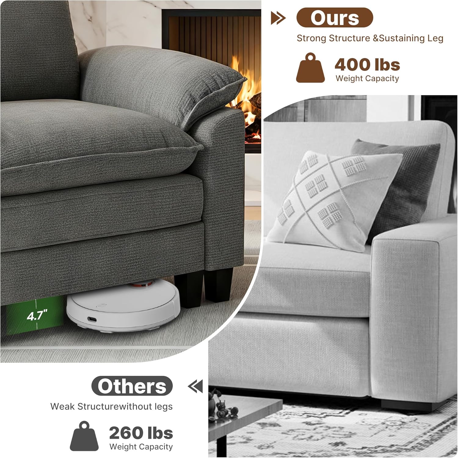 2 Piece Chenille Sofa Set, Loveseat & 3 Seater Modular Sectional Couch with Comfy Upholstered Cushions, Cloud Comfy Deep Sofa, Furniture Set for Living Room, Light Grey