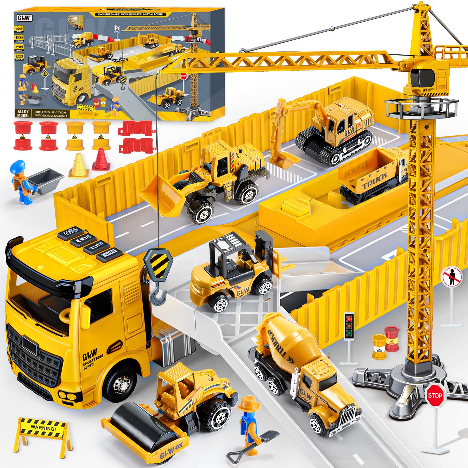 Juguetes para Niños 3 4 5 6 7 Años: Camión de Construcción con Luces y Sonidos Incluye Grúa Excavadora Hormigonera Apisonadora Bulldózer y Carretilla Elevadora, Regalo para Niños de 3 a 7 Años