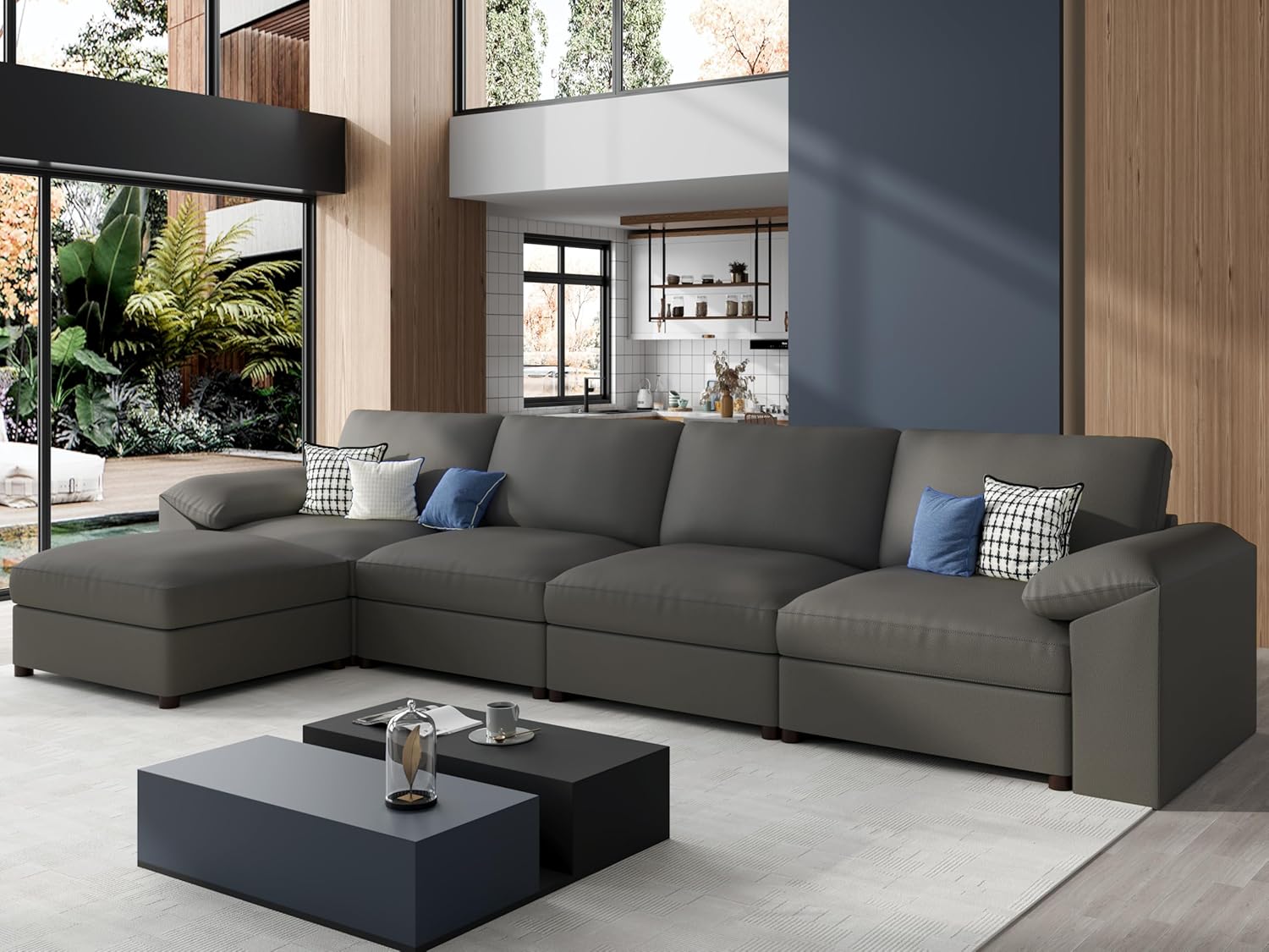 EASE MOOSE Oversized Modular Sectional Sofa,Leather Sectional Couch with Deep Seat,Extra Large L Shaped Couch,Modern Comfy Scratch Resistant Faux Leather Material Sofa,Grey