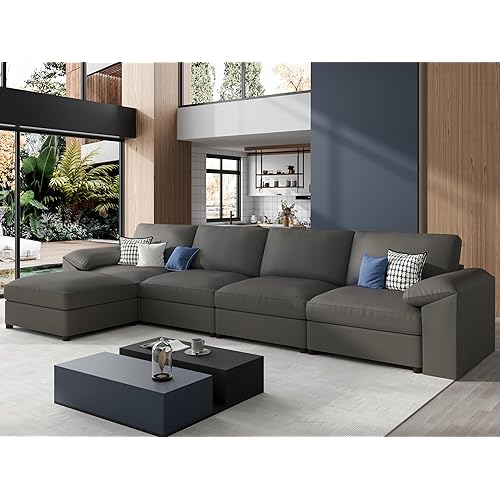 EASE MOOSE Oversized Modular Sectional Sofa,Leather Sectional Couch with Deep Seat,Extra Large L Shaped Couch,Modern Comfy Scratch Resistant Faux Leather Material Sofa,Grey