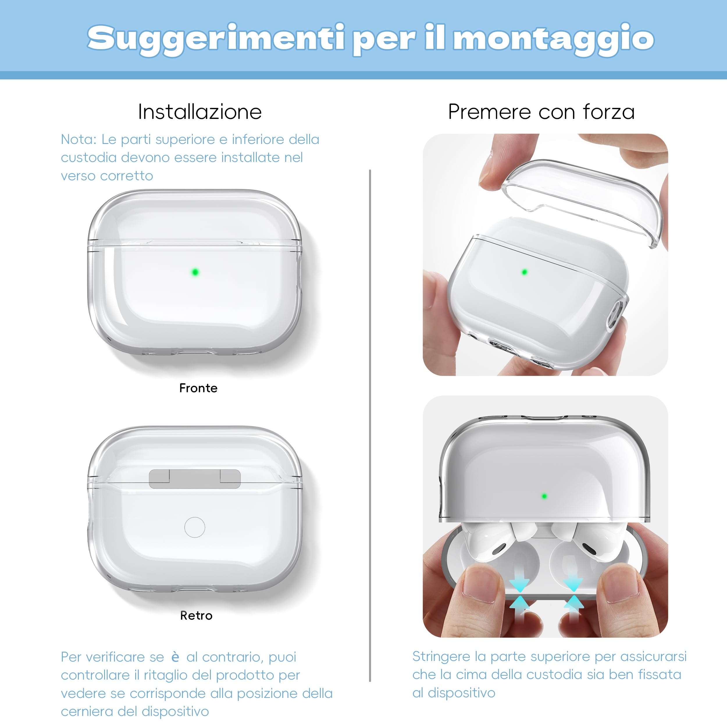Custodia per Airpods Pro 2a/1a gen, Compatibile con Custodia Airpods Pro 2a gen Porta di ricarica USB C, Custodia morbida trasparente antiurto con penna per pulizia cordino,Trasparente