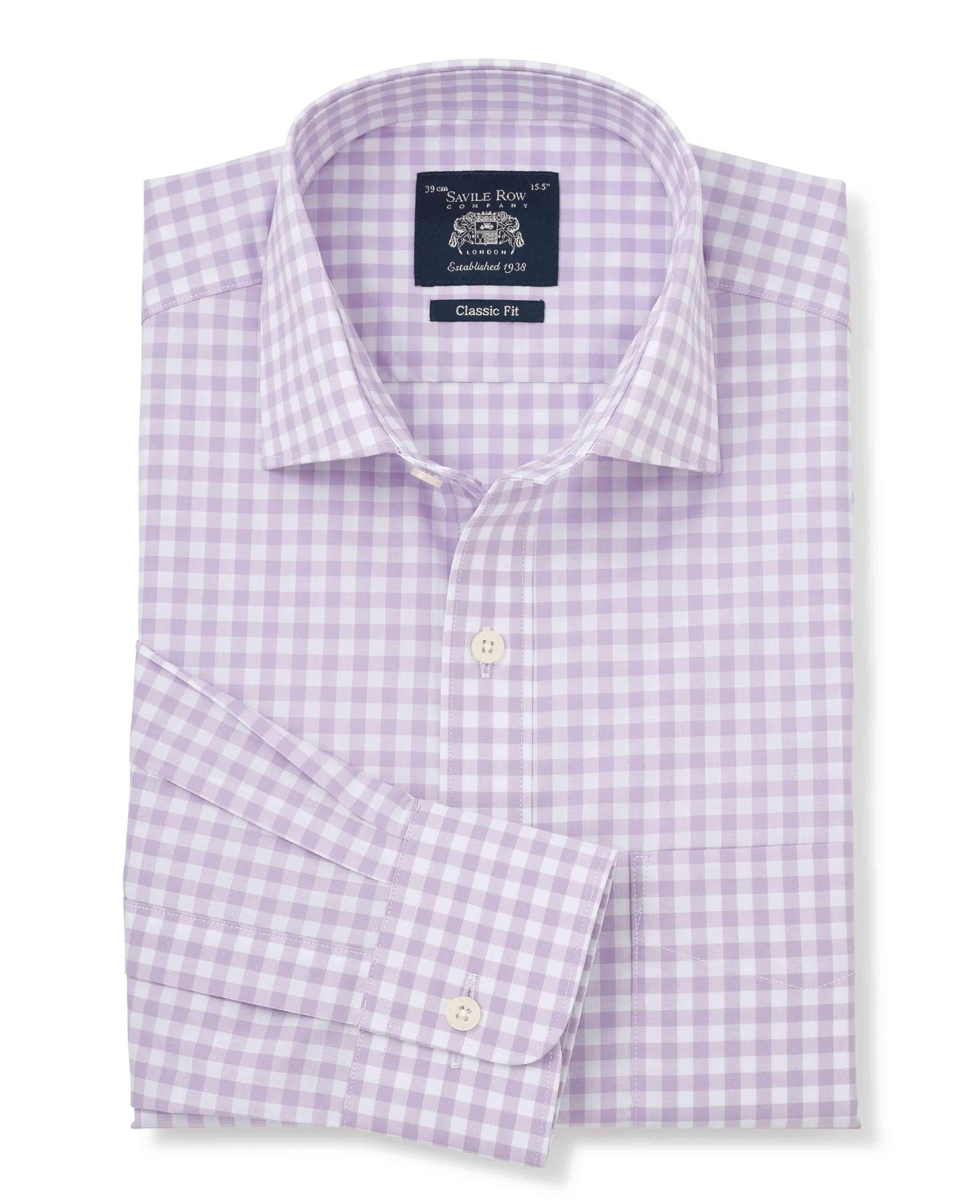 THE SAVILE ROW COMPANY LONDON Men's Classic Fit Cotton Poplin Single Cuff Formal Shirt - Lilac Gingham Check - 20" Collar