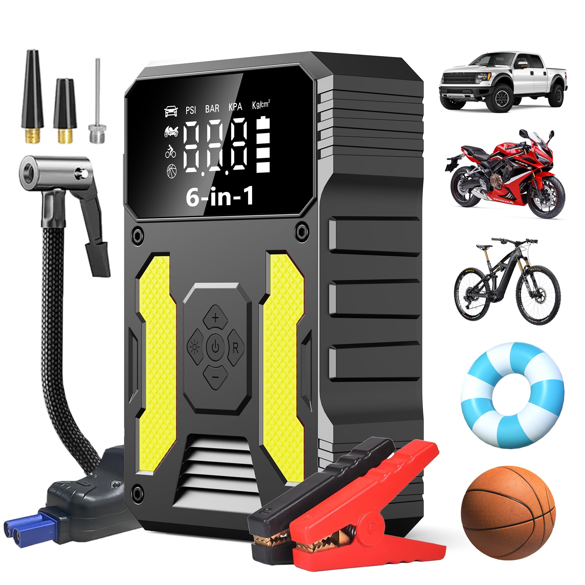Yoocixu 6-in-1 3000A Jump Starter with Air Compressor, 12V Portable Car Battery Booster for 9.0L Gas & 8.0L Diesel Engines, USB Quick Charge, Emergency LED Light, Tire Inflator & Car Accessories