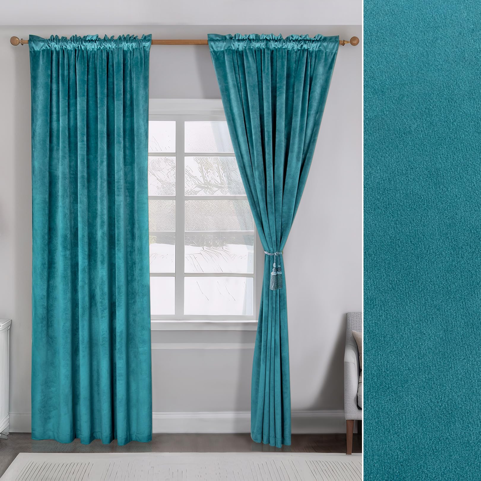 Teal Blue Curtains 96 Inches Long 2 Panels Set Velvet for Bedroom Blackout Curtain Thermal Insulated Window Treatment Panels Velvet Backdrop for Living Room/French Door, W52 x L96