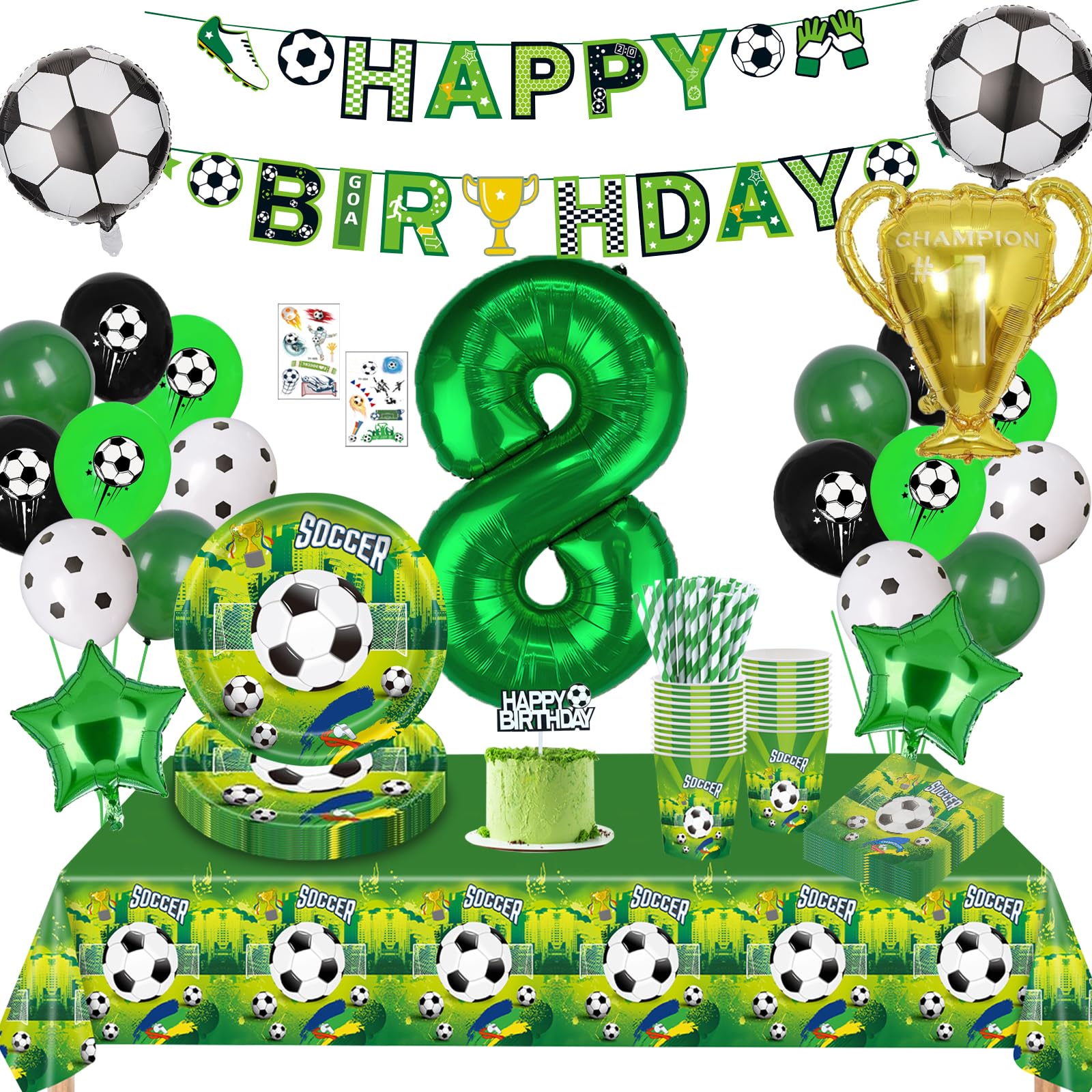 Kit Compleanno Calcio 8 Anni, Set Compleanno Bambino Calcios, Stoviglie Per Feste Di Compleannos, Decorazioni Compleannos Calcio 8 Anni Include Piatti Di Carta Tovaglioli Di Carta Tovaglie Palloncini