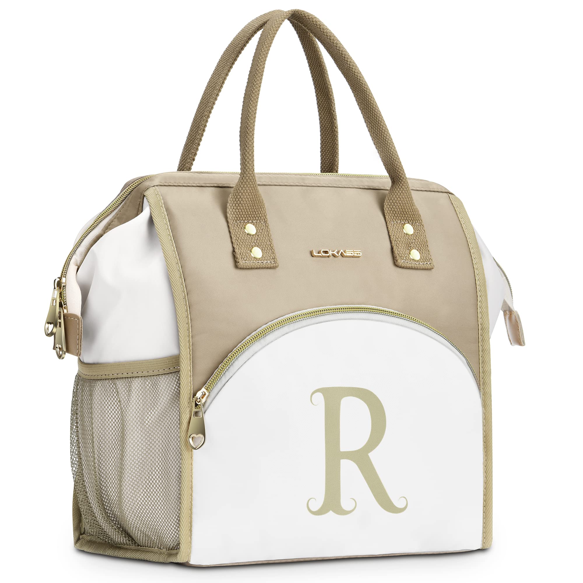 LOKASS Initial Lunch Box for Women Large Lunch Bag, Insulated Cooler Tote Bag for Work/Picnic, Personalized Mother's Day Gift for Mom/Nurse/Teacher-R