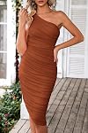 PRETTYGARDEN Ruched Bodycon Robe Une épaule Sans manches Cocktail Midi Crayon Robes pour femme