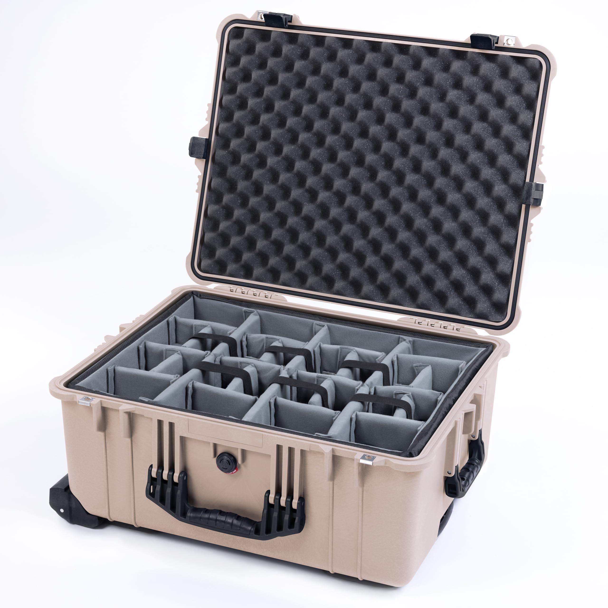 Pelican 1610 Case by ColorCase - Desert Tan - Large Sized Waterproof Case with Gray Padded Dividers & Convoluted Lid Foam - Black Handles & Latches