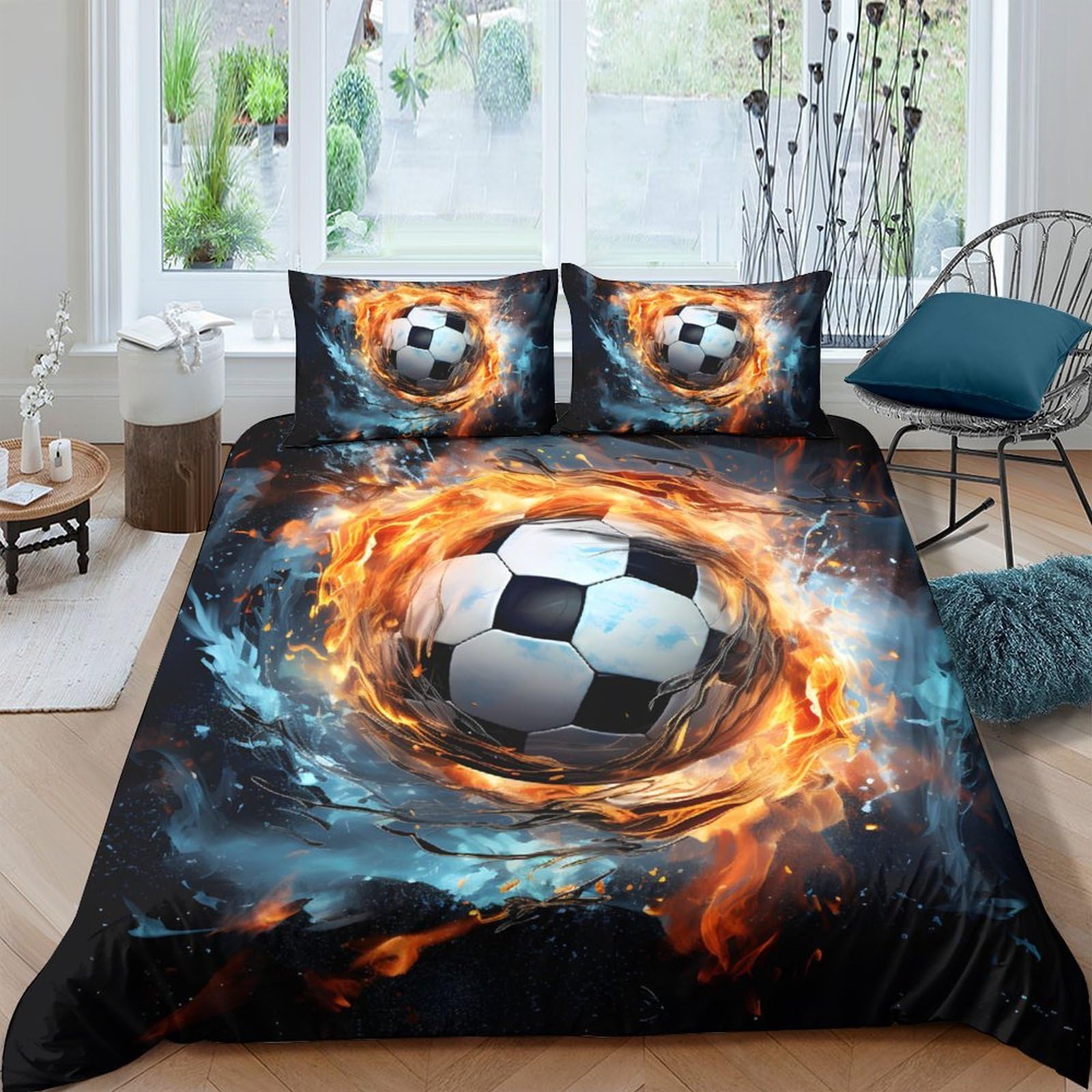 Ctjqhvkz Style-7 3D Printed Fire Soccer Fitted Sheet Microfiber Soft Breathable Water Splash Bed Cover For Bedroom Dorm Decor Single（135X200cm）