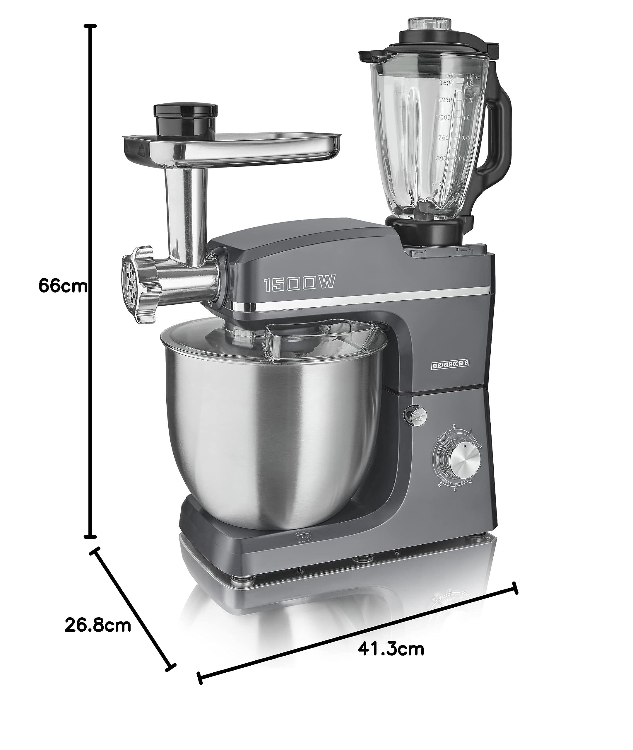 HEINRICHS 3 in 1 Universal Küchenmaschine, Küchengerät 1500W, 6 Geschwindigkeitsstufen, Multifunktionale Knetmaschine mit Fleischwolf, 1.5L Mixerbehälter, XXXL 10L Edelstahlschüssel (Grau)