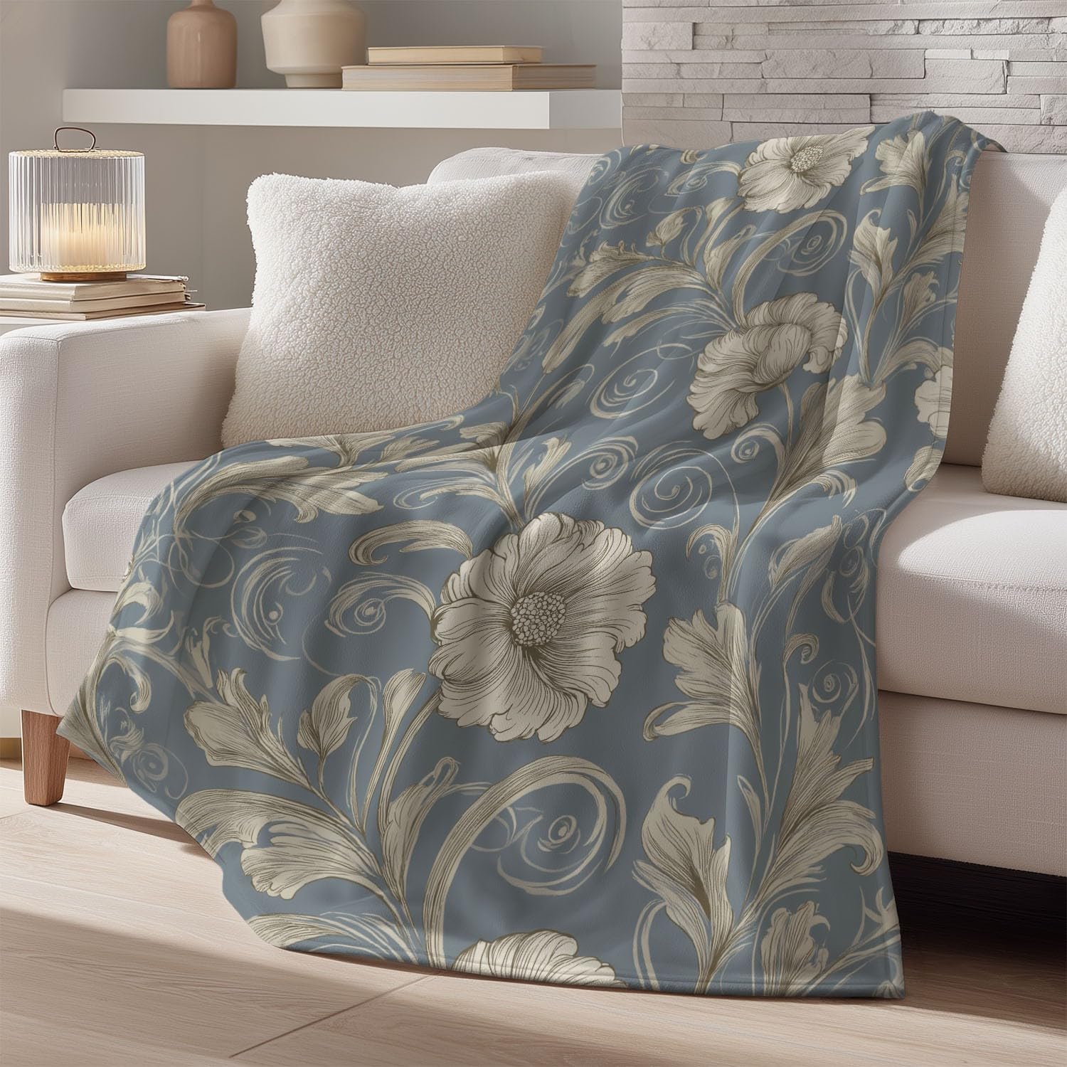 Générique Beżowy niebieski koc flanelowy z motywem vintage, eleganckie kwiaty, narzuta na łóżko, sofę, wystrój pokoju dziecięcego 180 cm x 200 cm