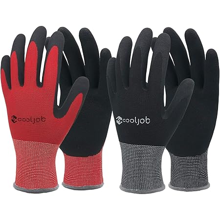 COOLJOB Gardening Gloves for Men, 6 Pairs Breathable Rubber Coated Garden Gloves, Work Gloves for Men, Men’s Large Size Fits Most, Black & Red (Half Dozen L)