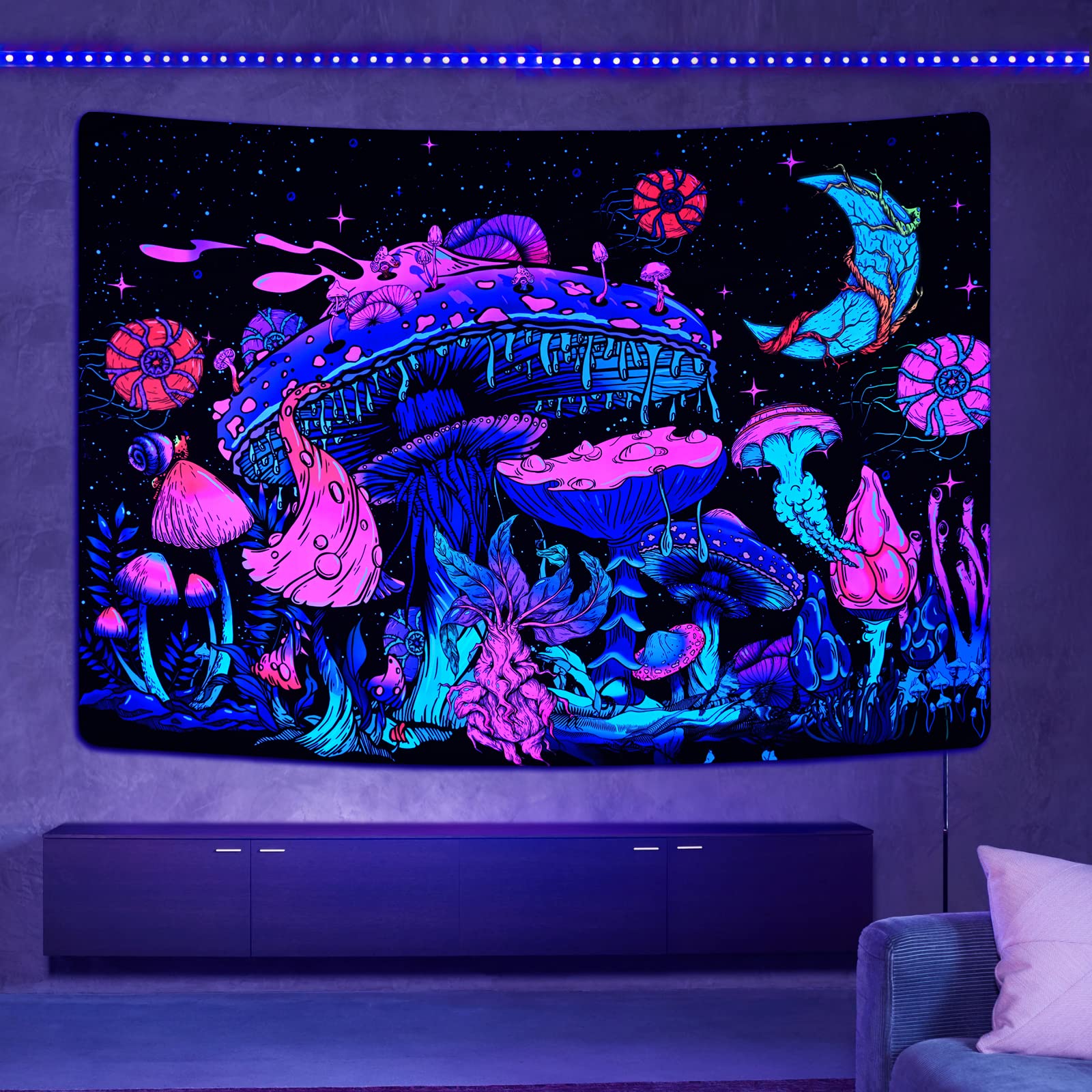 Tapisserie Murale Champignon Lumière Noire UV - Motif Lune Et Étoiles Phosphorescent - 150x130cm - Déco Chambre Psychédélique