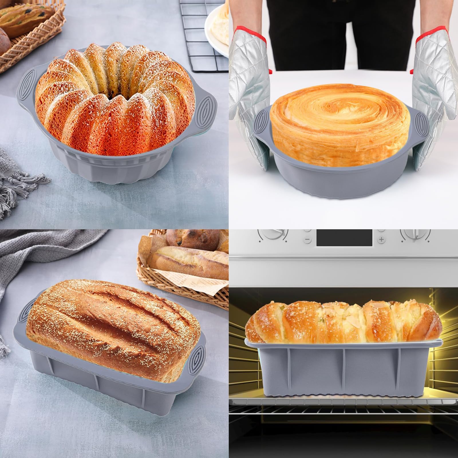 Lot de 6 moules de cuisson en silicone cannelés antiadhésifs réutilisables pour muffins, gâteaux, pain (gris clair)