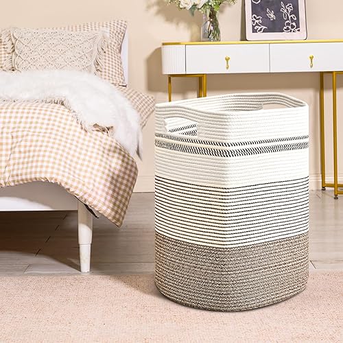 Miniatura 19 de Cesta grande para manta para sala de estar, canasta de almacenamiento rectangular, canasta grande para mantas, cestas de cuerda de algodón tejida