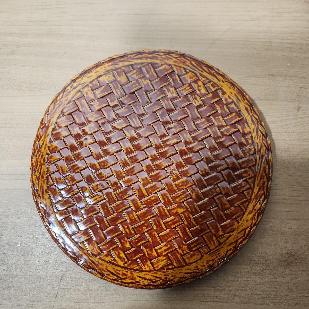 らんたい漆器 味わい深い茶色の丸盆 幾何学模様 箱付き らんたい漆器
