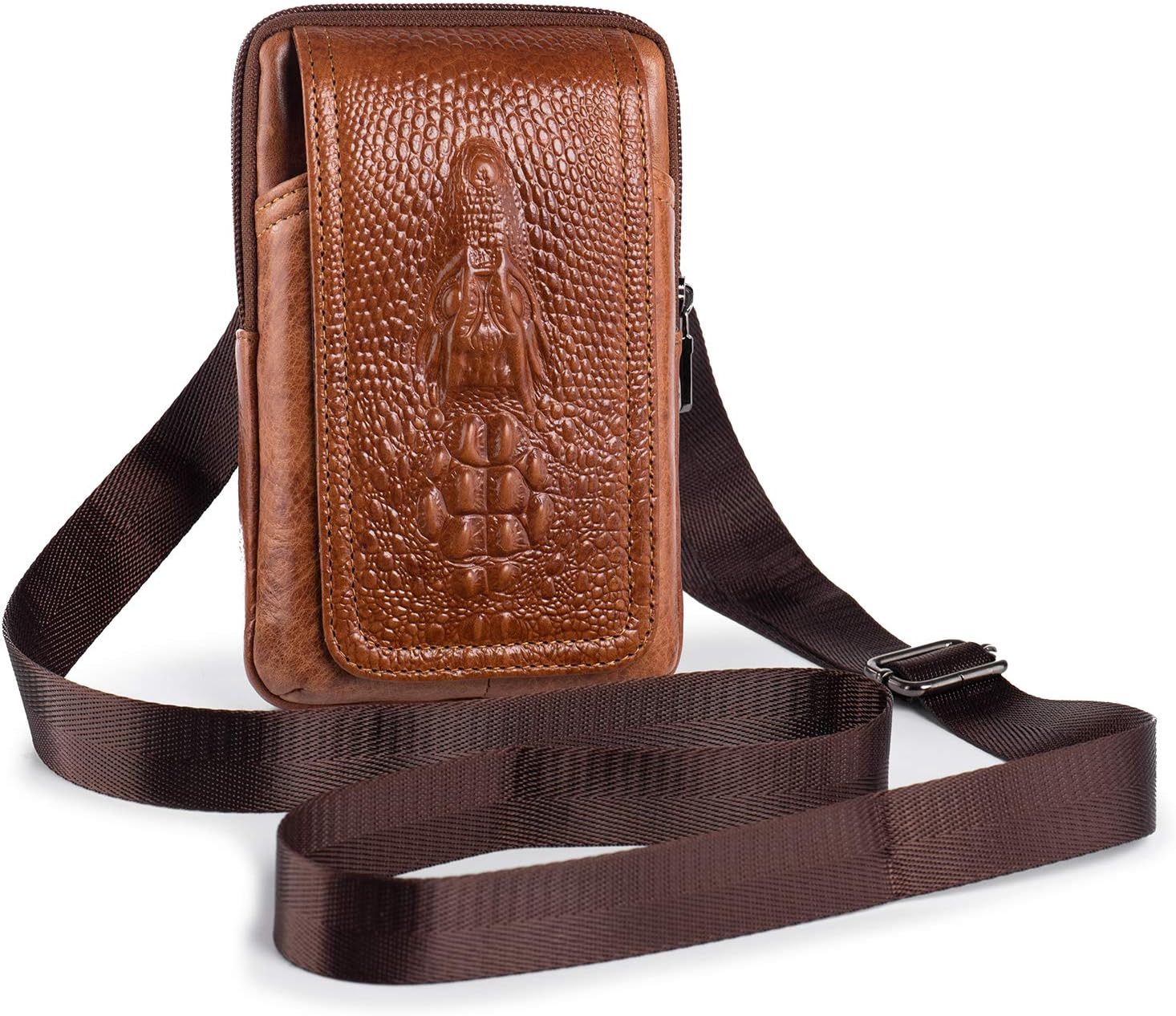 Hengwin Leather Holster Case for iPhone 11 Pro 7 8 Plus Universal Cellphone Pouch Samsung Galaxy S9 S8 Plus Men Crossbody Shoulder Bag Small Fashion Waist Pack with Belt Clip and Belt Loop (Brown)