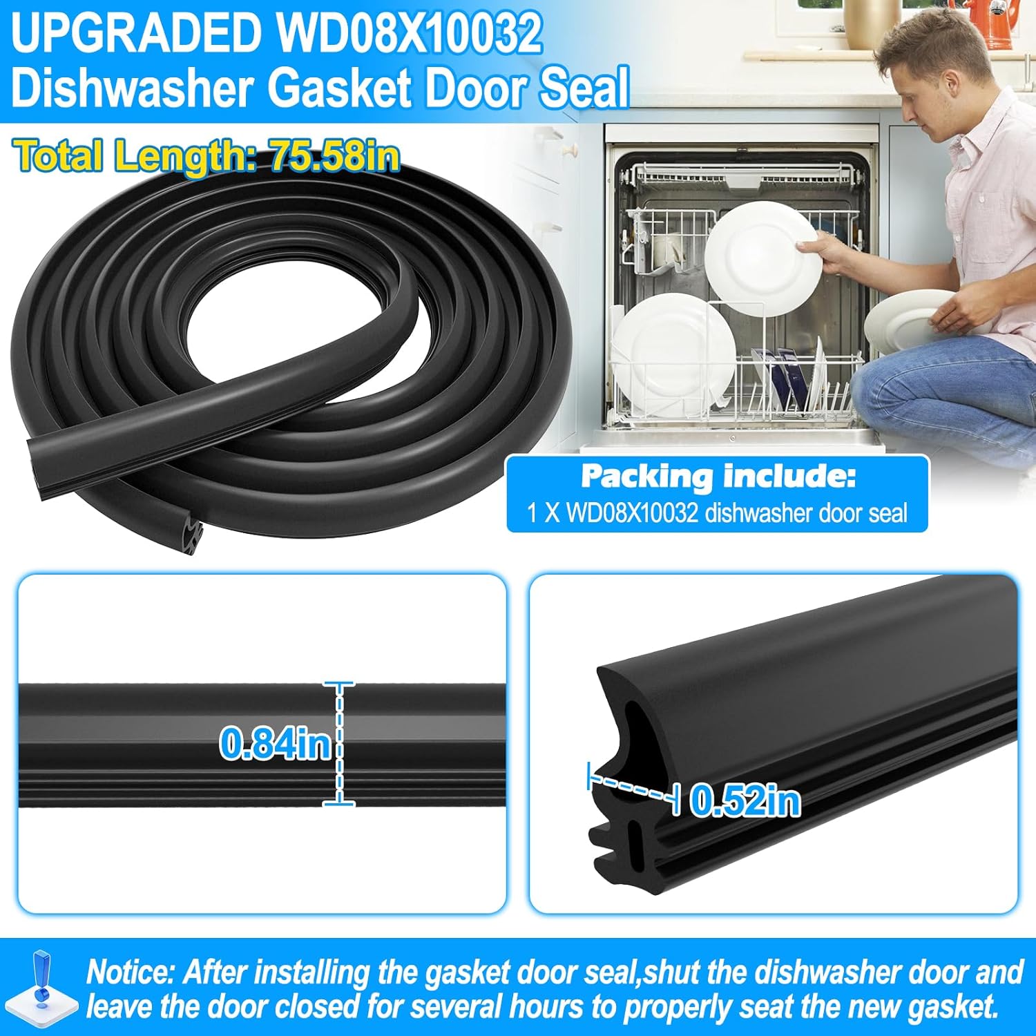 UPGRADED WD08X10032 Dishwasher Gasket Door Seal Compatible with GE Dishwasher Parts WD08X10032 ZBD6880K10SS GDWT368V55SS PD00023200 AP369876 1088454 General Electric GE Dishwasher Tub Gasket Door Seal